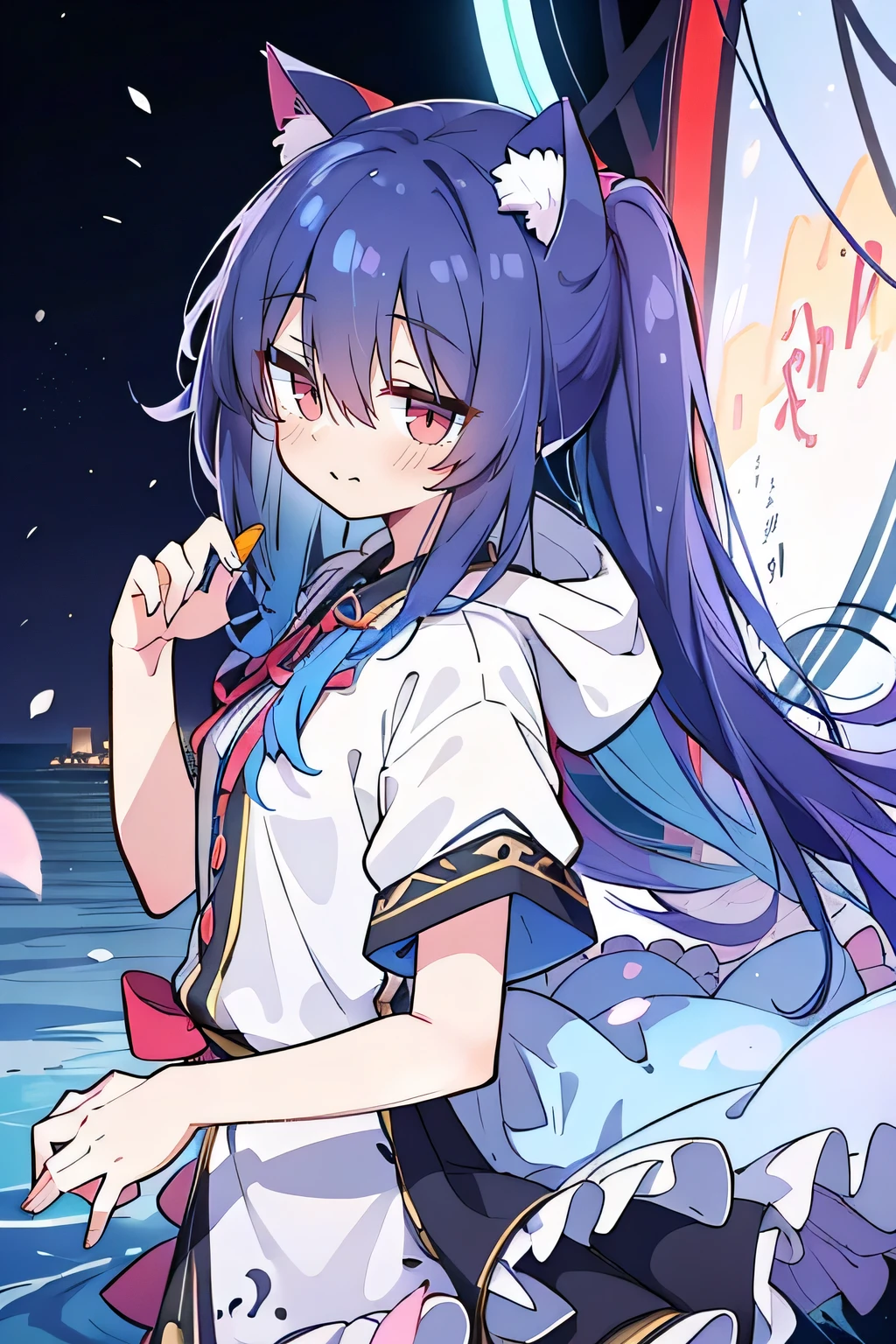 （masterpiece：1.2），Super detailed，lifelike，Expressive eyes，fair skin，perfect face shape，1 girl，
Japanese comics,Gorgeous blue hair,flowing blue hair,flowing clothes,Cat ears,Petals fall,beautiful lola,Baby Angel,
Shaking head with one hand，Cross your legs，Gentle and peaceful background，The pavilion is cool and comfortable,smile, wearing hoodie, background of tokyo,back views,snowing, winter,lie on the water. (Best Quality: 1.3), (Masterpiece: 1.3), (Illustration: 1.3), (Ultra Detailed: 1.3), (Imide Lens: 0.9), 1girl, Medium Breasts, Purple Eyes, ((Dark Blue Hair) ), hair accessories, young, clothing-gladiia, long hair, dark blue hair, indoors, black shorts, high socks, low ponytail, expressionless, upper body, close-up, coat, skirt,