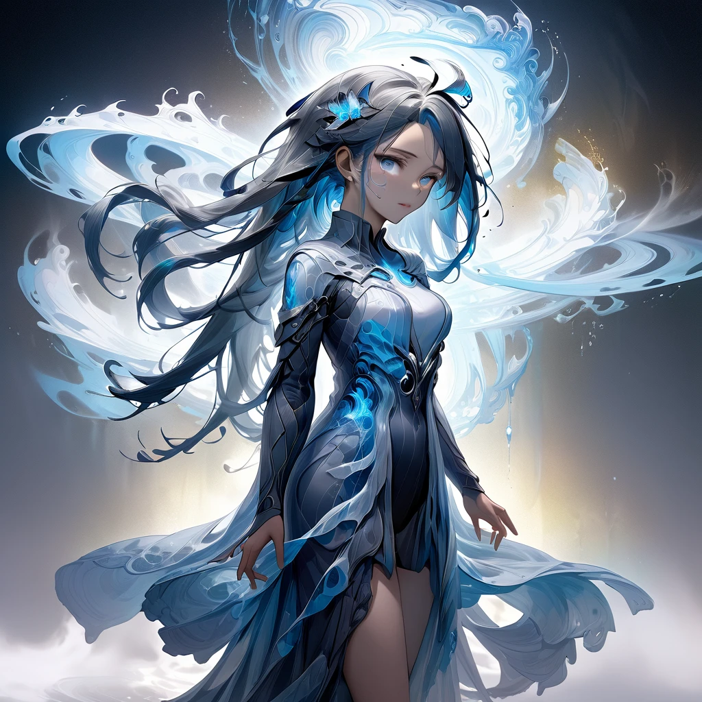 1girl, bioluminescent, iconic defences stance, over make up, shiny face, attractive, hand_on cheek, astral vignette, long hair, swirl_up hair, provocative pose, right views, multicolor hair, fog wrapped around, epicRealism, UHD, 8k, super detailed