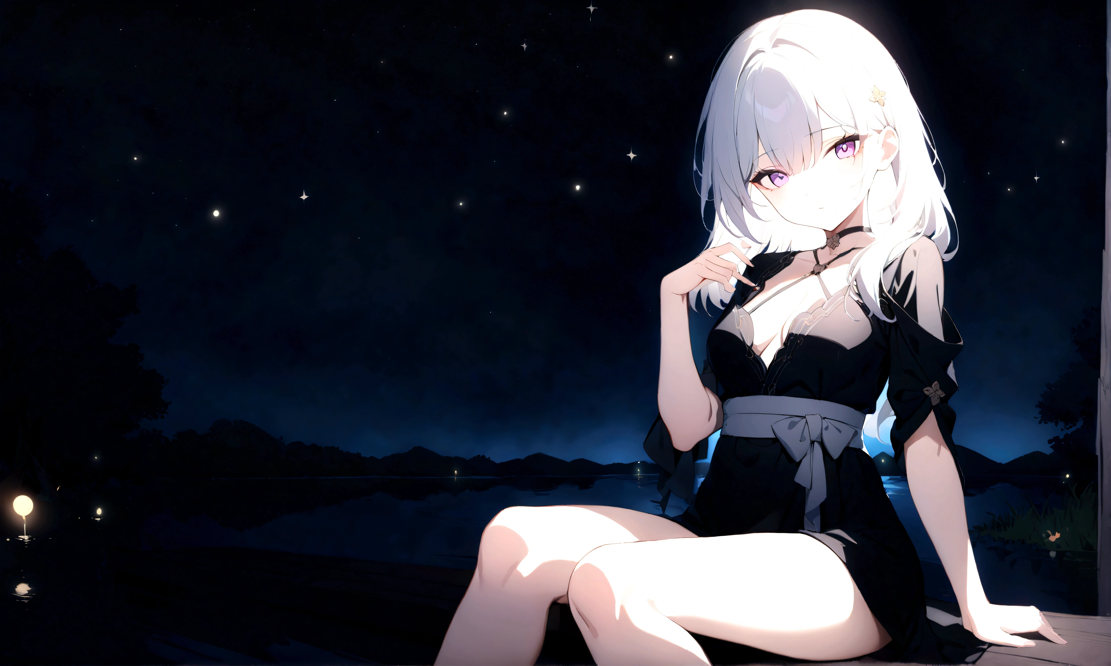 a beautiful girl, white hair, purple eyes, black yukata, (sparkle, honkai star rail) sitting on the edge of a dock by a forest lake, gazing at the viewer with enticing eyes, fireflies glowing around her in the moonlit night, (best quality,4k,8k,highres,masterpiece:1.2)