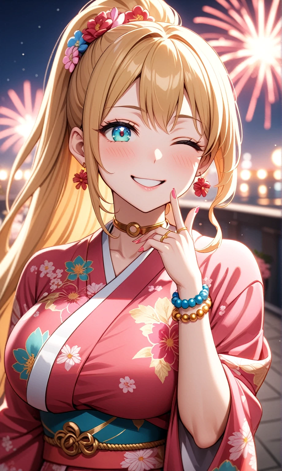 ((one personの女性)), Beautiful Face,((a woman making a peace sign. She is forming a peace sign with both hands and smiling at the camera)), Laughing embarrassedly,((Wink:2.0)),Laughing with your mouth open,((Red cheeks:1.3)),Lighting on the face,Glossy pink lips,night,rooftop,Festive decorations,You can see the ocean, firework,((Anime style background)),masterpiece, highest quality, so beautiful, Latest, Complex details, (Pink long nails),(ring),(flower bracelet),Floral choker,AI-generated, Complex,High resolution, highest quality, super high quality,3D Images、View your viewers、3D Images,one person,Long Blonde Hair,High Ponytail,Turquoise Eyes,Anime woman posing for a photo, (Fine grain,Colorful eyes,Shining Eyes:1.4),(Squint your eyes:1.1),a hyperRealistic , hyperRealistic , Realistic,Blonde anime woman with long hair, Smooth anime CG art, A woman in a colorful kimono with gold embroidery, (Pink kimono),Red floral pattern,Long flower hair ornament,Large floral earrings,(ring),(Big Breasts:1.1),Mature Body,Tall,Big Ass,Fine details,Tight waist,Abdominal muscles,(Face close up:1.5),(Tilt your face), Shooting from an angle,
