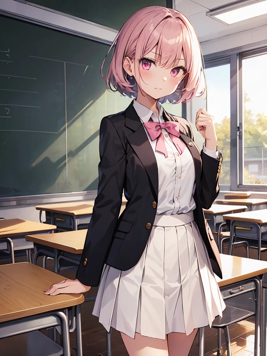 In one girl、fun、High school blazer with popular design、shirt、pleated skirt、white skirt、(small breasts ) in classroom, dark pink short hair, pink eyes, happy, stand in fron of me , angry