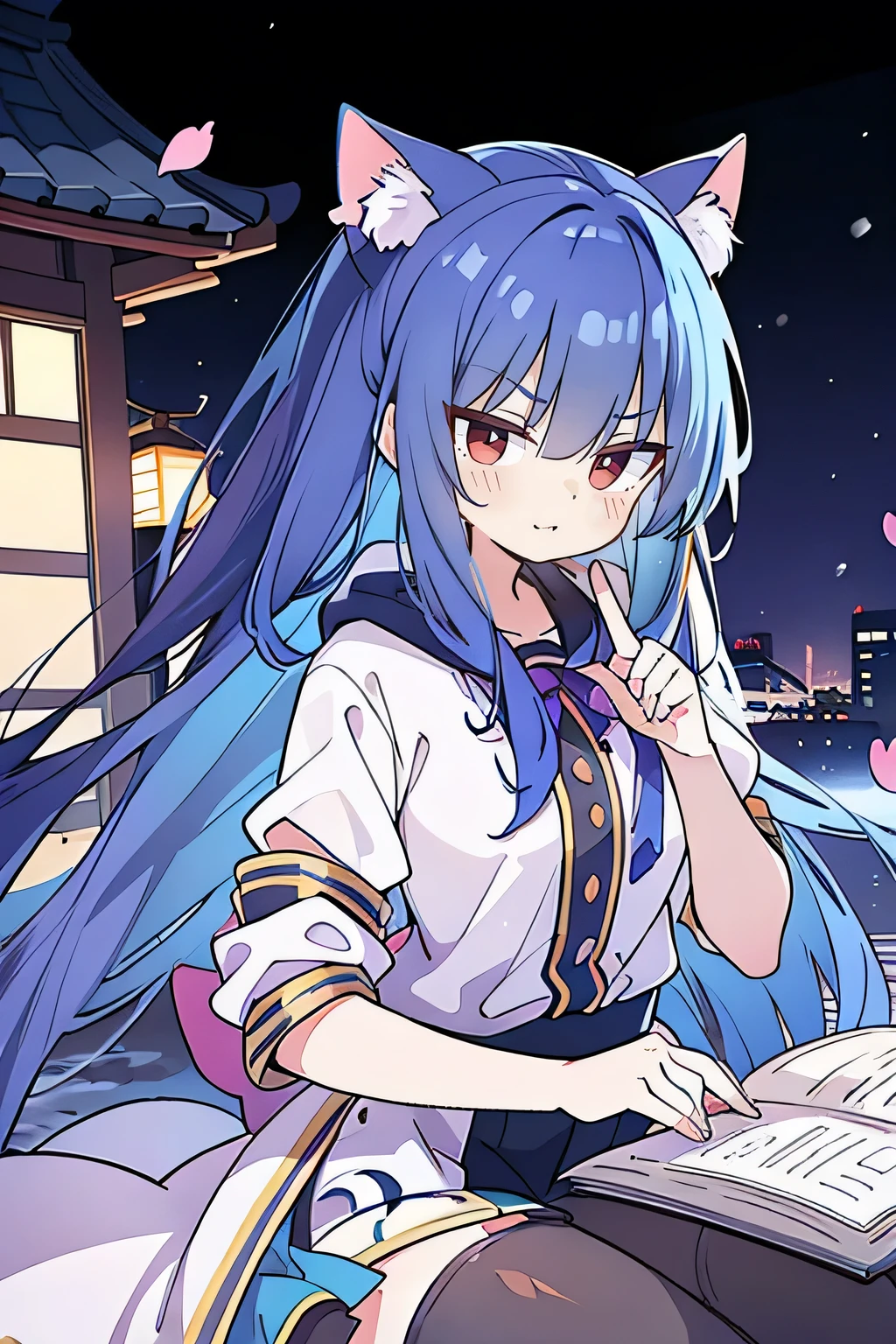 （masterpiece：1.2），Super detailed，lifelike，Expressive eyes，fair skin，perfect face shape，1 girl，
Japanese comics,Gorgeous blue hair,flowing blue hair,flowing clothes,Cat ears,Petals fall,beautiful lola,Baby Angel,
Shaking head with one hand，Cross your legs，Gentle and peaceful background，The pavilion is cool and comfortable,smile, wearing hoodie, background of tokyo,back views,snowing, winter,lie on the water. (Best Quality: 1.3), (Masterpiece: 1.3), (Illustration: 1.3), (Ultra Detailed: 1.3), (Imide Lens: 0.9), 1girl, Medium Breasts, Purple Eyes, ((Dark Blue Hair) ), hair accessories, young, clothing-gladiia, long hair, dark blue hair, indoors, black shorts, high socks, low ponytail, expressionless, upper body, close-up, coat, skirt,