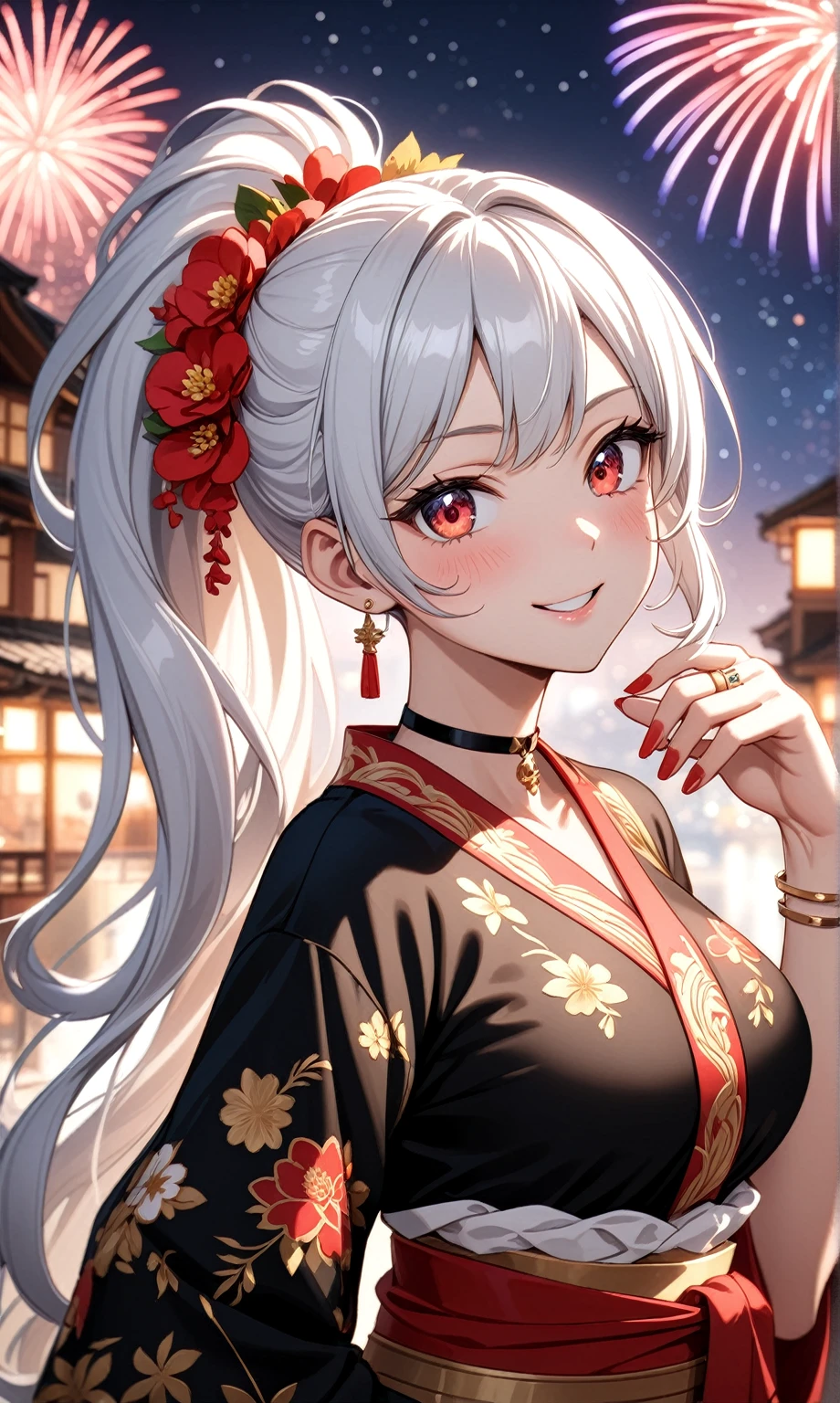 ((one personの女性)), Beautiful Face,((Wink:2.0)),(a woman in a sensual and elegant pose. She has one hand on her hip and the other touching her hair),(Bright red cheeks:1.3),Laughing with your mouth open,Glossy pink lips,Lighting on the face,night,night景が見える日本料理店,firework,((Anime style background)),masterpiece, highest quality, so beautiful, Latest, Complex details, (Pink long nails),(ring),(bracelet),(choker),AI-generated, Complex,High resolution, highest quality, super high quality,3D Images、View your viewers、3D Images,one person,Long white hair,High Ponytail,(blue eyes),Anime woman posing for a photo, ((Fine grain、Colorful red and gold eyes、Shining Eyes:1.3)),(Squint your eyes:1.1),a hyperRealistic , hyperRealistic , Realistic,Anime woman with long and white hair, Smooth anime CG art, A woman in a colorful kimono with gold embroidery, (Black kimono),Red floral pattern,Long flower hair ornament,Big earrings,Mature Body,(Big Breasts:1.1),Tall,Fine details,Abdominal muscles,Narrow waist,(Face close-up:1.5),