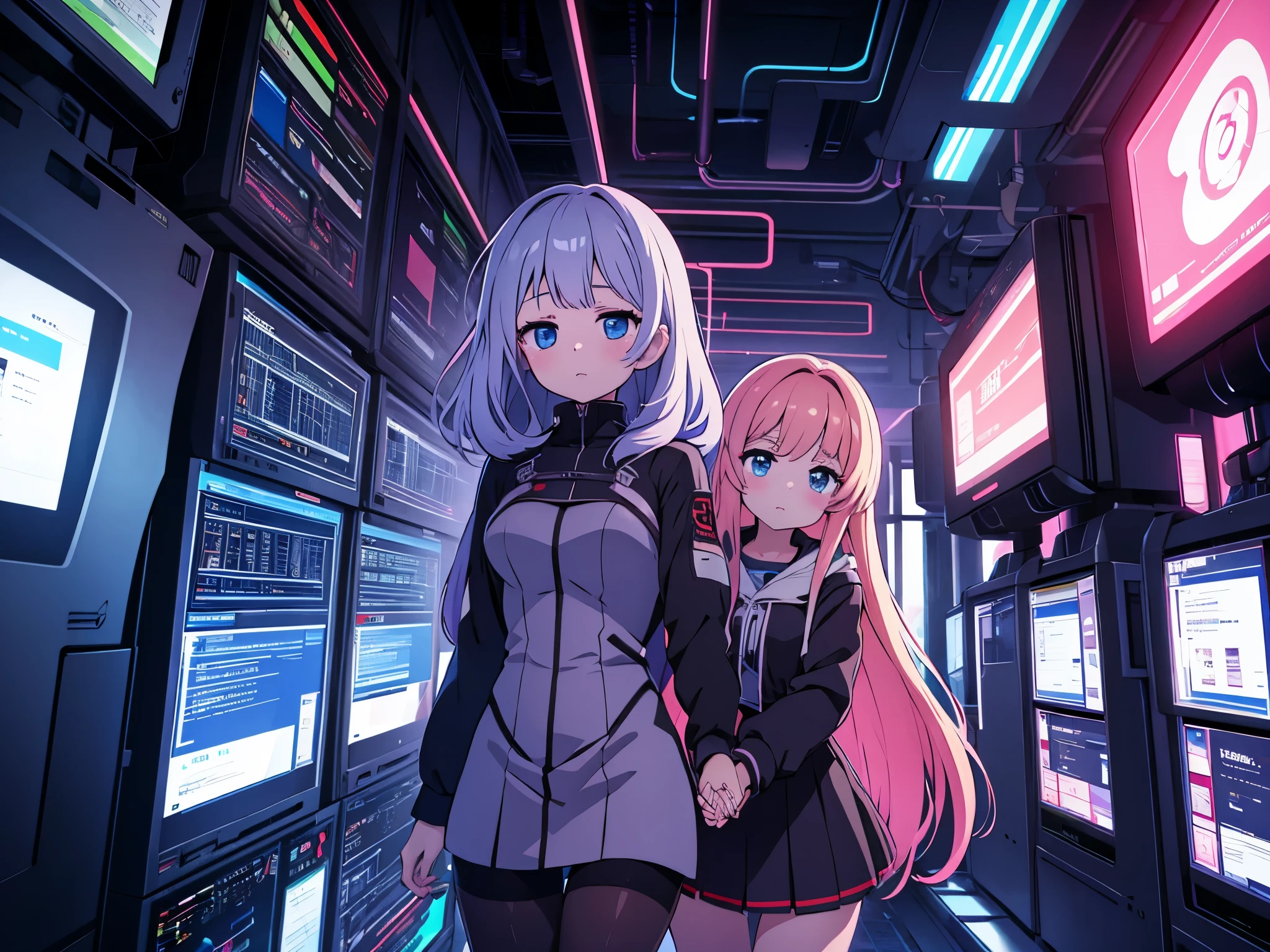 young and mature mini dress anime girls looking concerned holding hands in dark scary laboratory as they approach a large ancient robot connected to many high-tech mainframes, 8k high detail, atmospheric 