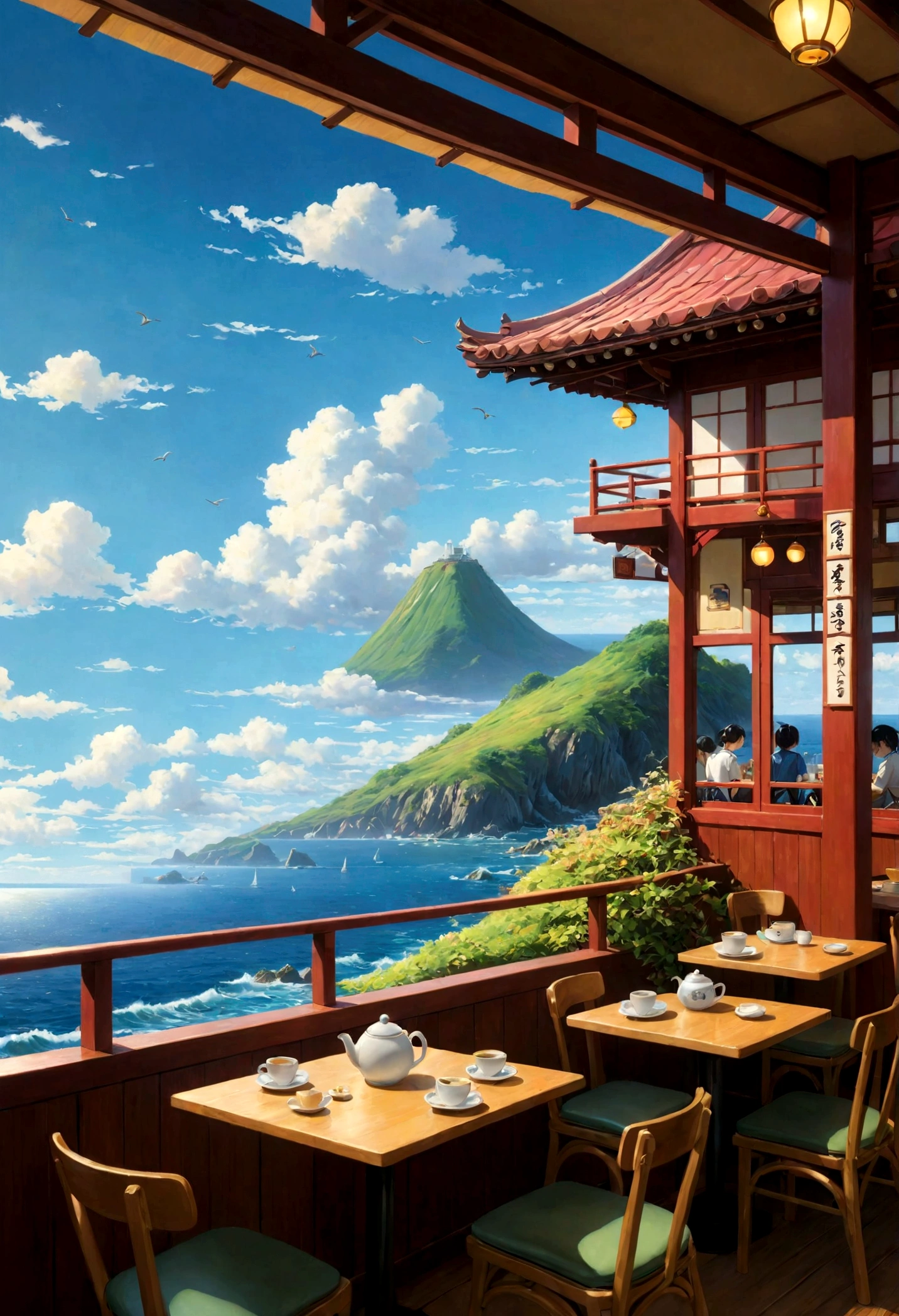 Japanese Manga, Cafe with an ocean view, Realistic paintings inspired by Michael Cormack, Popular on Art Station, Magic realism, Space Sky. by Xin Haichen, ( ( Xin Haichen ) ), by Xin Haichen, Relaxation concept art, Xin Haichen. —h 2160