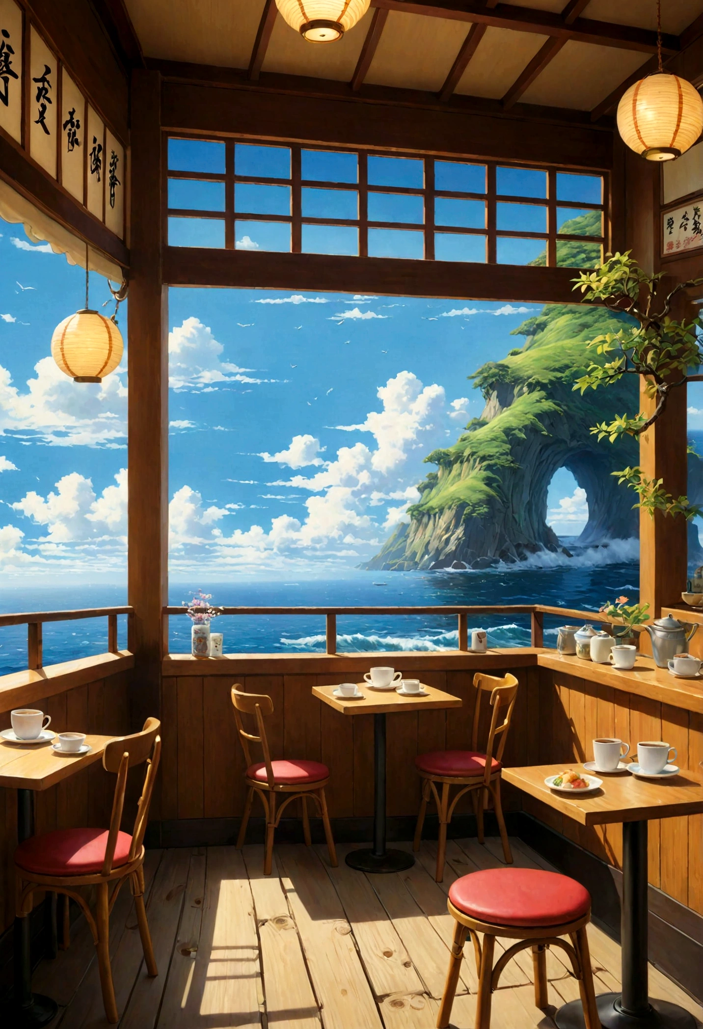 Japanese Manga, Cafe with an ocean view, Realistic paintings inspired by Michael Cormack, Popular on Art Station, Magic realism, Space Sky. by Xin Haichen, ( ( Xin Haichen ) ), by Xin Haichen, Relaxation concept art, Xin Haichen. —h 2160