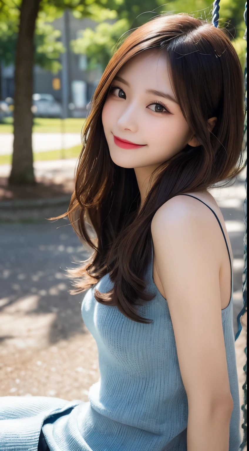 Tabletop, highest quality, shape, Very detailed, finely, High resolution, 8k wallpaper, 完璧なダイナミックな構shape, Beautiful and exquisite,ランダムなcute髪,,Natural color lip, Bold sexy pose,smile、20-year-old girl、cute、Looking into the camera,Always blur the background,Perfect and beautiful face,Slim face and figure,Big eyes、Putting on gal makeup,Small face,Shooting from below、smile,Blurred Background,Elegant feminine face、Cyberpunk Fashion、Playing on the swings in the park