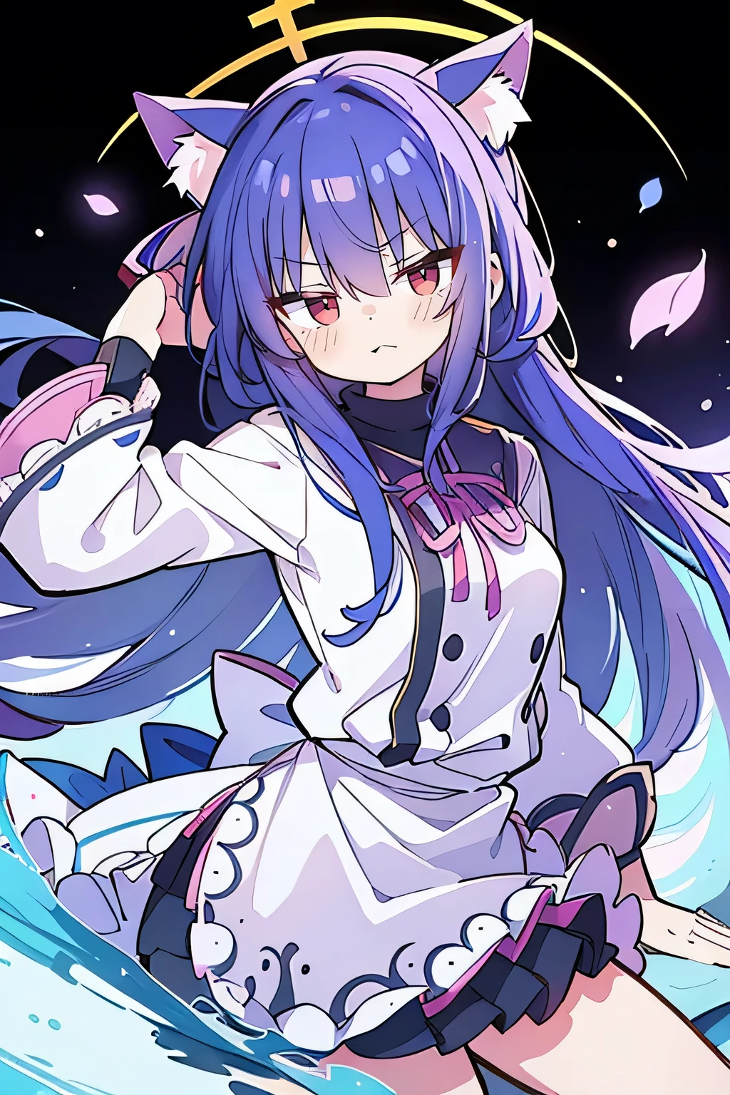 (masterpiece:1.2),Super detailed,lifelike,Expressive eyes,fair skin,perfect face shape,1 girl,
Japanese comics,Gorgeous blue hair,flowing blue hair,flowing clothes,Cat ears,Petals fall,beautiful lola,Baby Angel,
Shaking head with one hand,Cross your legs,Gentle and peaceful background,The pavilion is cool and comfortable,smile, wearing hoodie, background of tokyo,back views,snowing, winter,lie on the water. (Best Quality: 1.3), (Masterpiece: 1.3), (Illustration: 1.3), (Ultra Detailed: 1.3), (Imide Lens: 0.9), 1girl, Medium Breasts, Purple Eyes, ((Dark Blue Hair) ), hair accessories, young, clothing-gladiia, long hair, dark blue hair, indoors, black shorts, high socks, low ponytail, expressionless, upper body, close-up, coat, skirt,