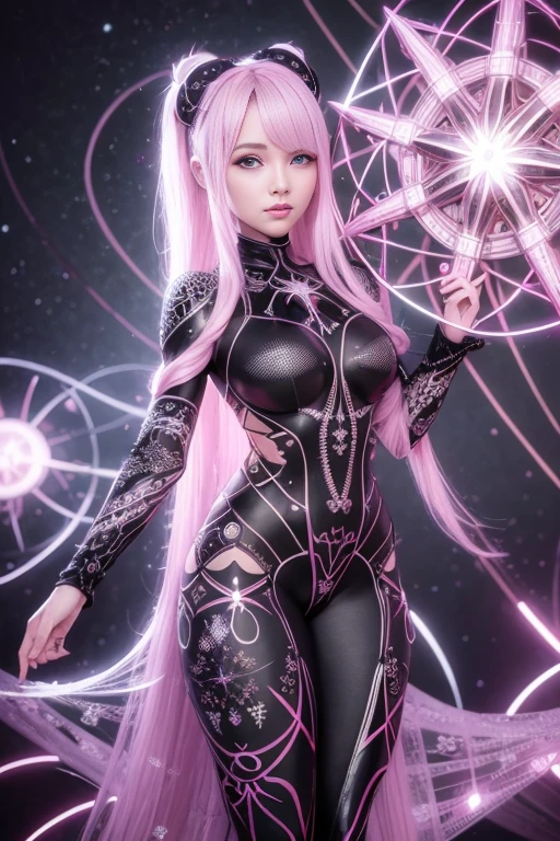 A beautiful woman who is growing from a eight pointed star in the center, growing like a biomechanical organism, pale pink, black and metallic silver,like a living organism, shining bright, growing in symmetrical designs and arabesques, adorned with blue lights, digital art, masterpiece, highly detailed, 3d modelling, 4k resolution, abstract art, digital art, photographic
