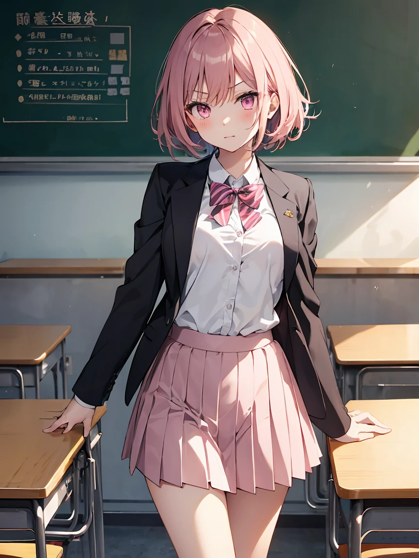 In one girl、fun、High school blazer with popular design、shirt、pleated skirt、white skirt、(small breasts ) in classroom, dark pink short hair, pink eyes, happy, stand in fron of me , angry