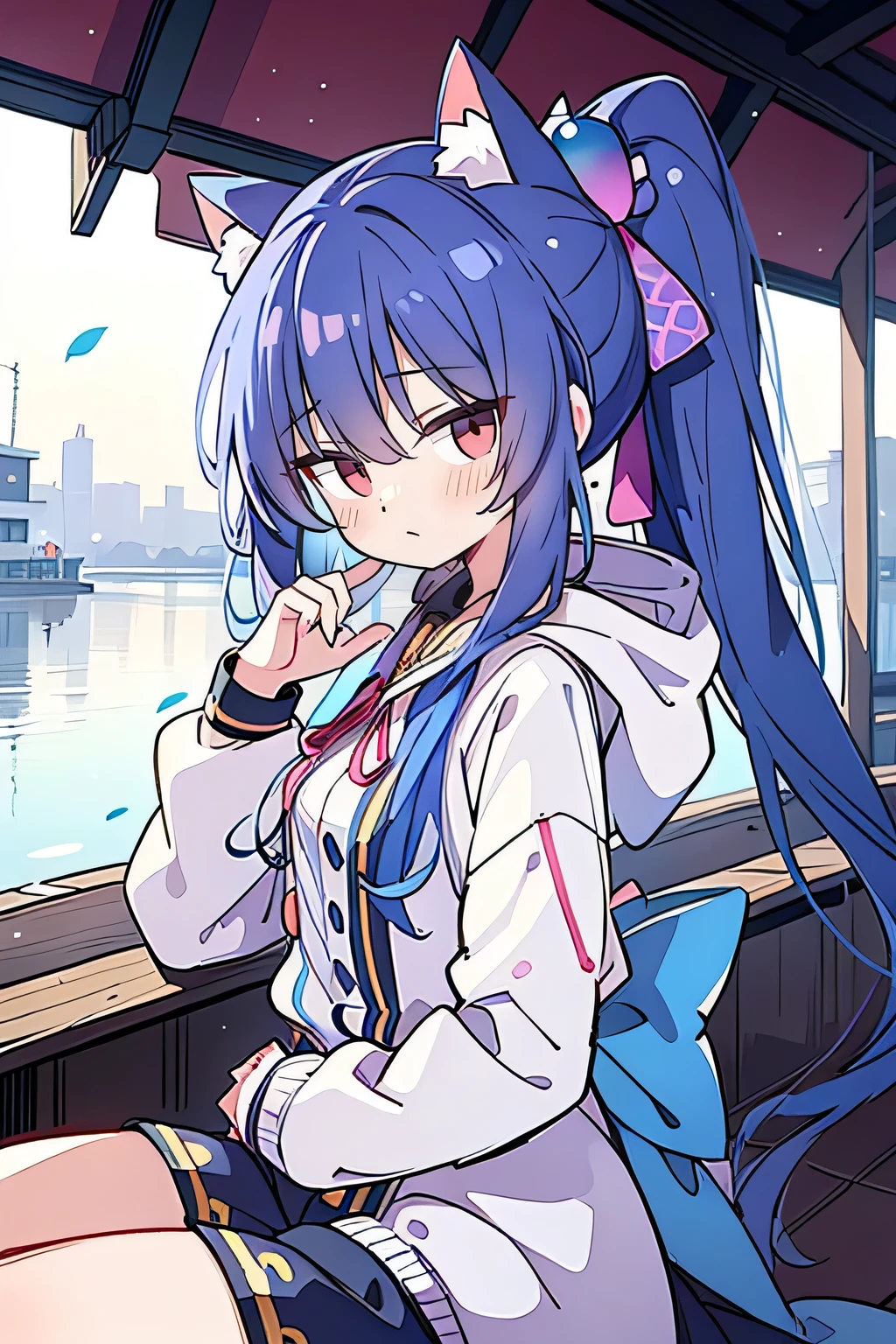 (masterpiece:1.2),Super detailed,lifelike,Expressive eyes,fair skin,perfect face shape,1 girl,
Japanese comics,Gorgeous blue hair,flowing blue hair,flowing clothes,Cat ears,Petals fall,beautiful lola,Baby Angel,
Shaking head with one hand,Cross your legs,Gentle and peaceful background,The pavilion is cool and comfortable,smile, wearing hoodie, background of tokyo,back views,snowing, winter,lie on the water. (Best Quality: 1.3), (Masterpiece: 1.3), (Illustration: 1.3), (Ultra Detailed: 1.3), (Imide Lens: 0.9), 1girl, Medium Breasts, Purple Eyes, ((Dark Blue Hair) ), hair accessories, young, clothing-gladiia, long hair, dark blue hair, indoors, black shorts, high socks, low ponytail, expressionless, upper body, close-up, coat, skirt,