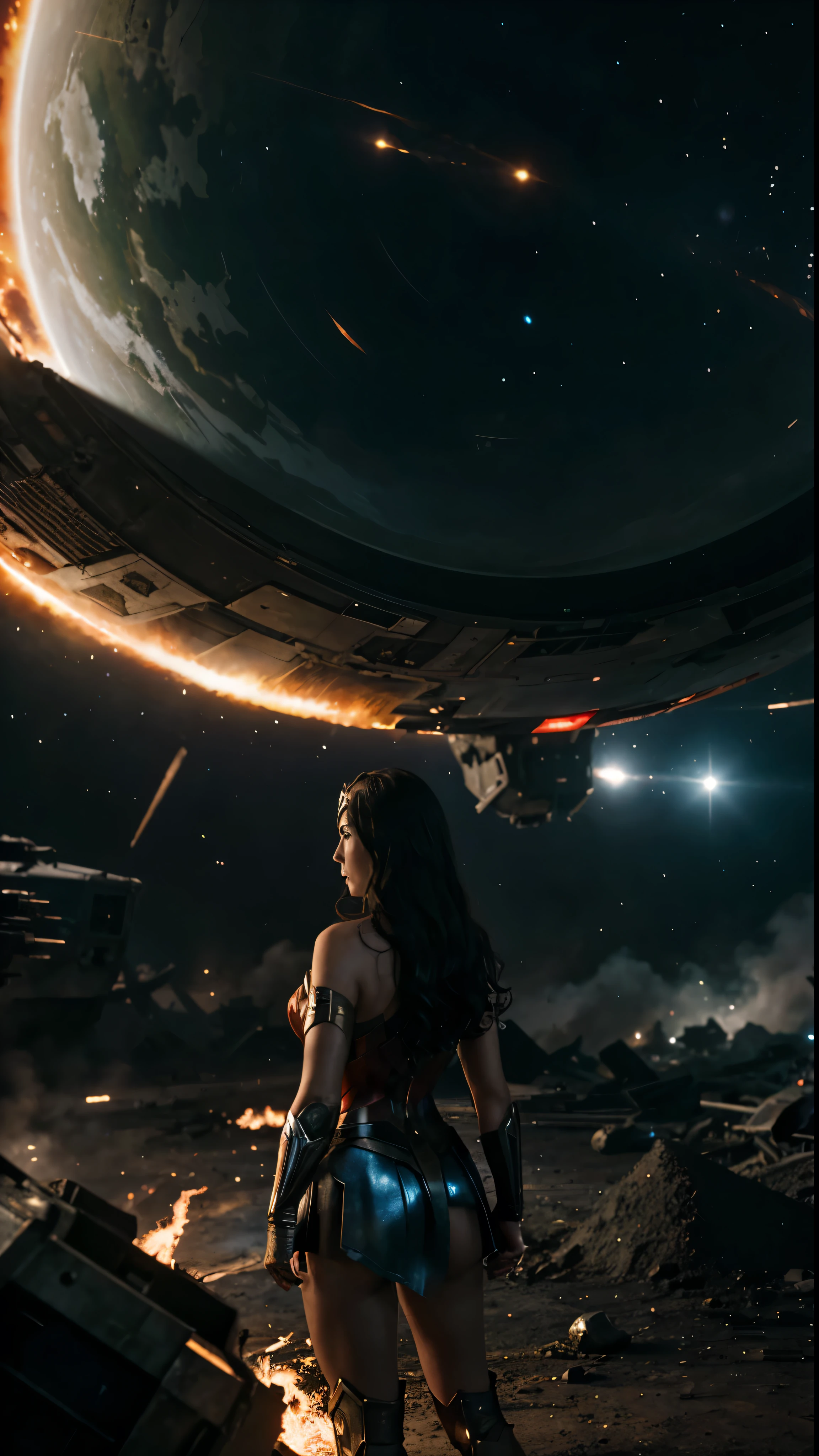 『Wonder Woman』The arrival of Wonder Woman in the film is realistic and cinematic.。The scene changes to a space landscape.、The aftermath of a fierce battle unfolds。In the distance、The remains of a destroyed spaceship are engulfed in swirling flames.、This tells the story of the chaos that followed.。Our Heroes、Wonder Woman comes from a galaxy far, far away.、His iconic shield shines brightly against a dark background、Concentrate、I am determined。The scene is lit by a Dutch angle.、Increase visual drama and tension、A luxurious spaceship&#39;s technological marvel can be seen faintly in the background。The atmosphere is a fantastic blend of beautiful