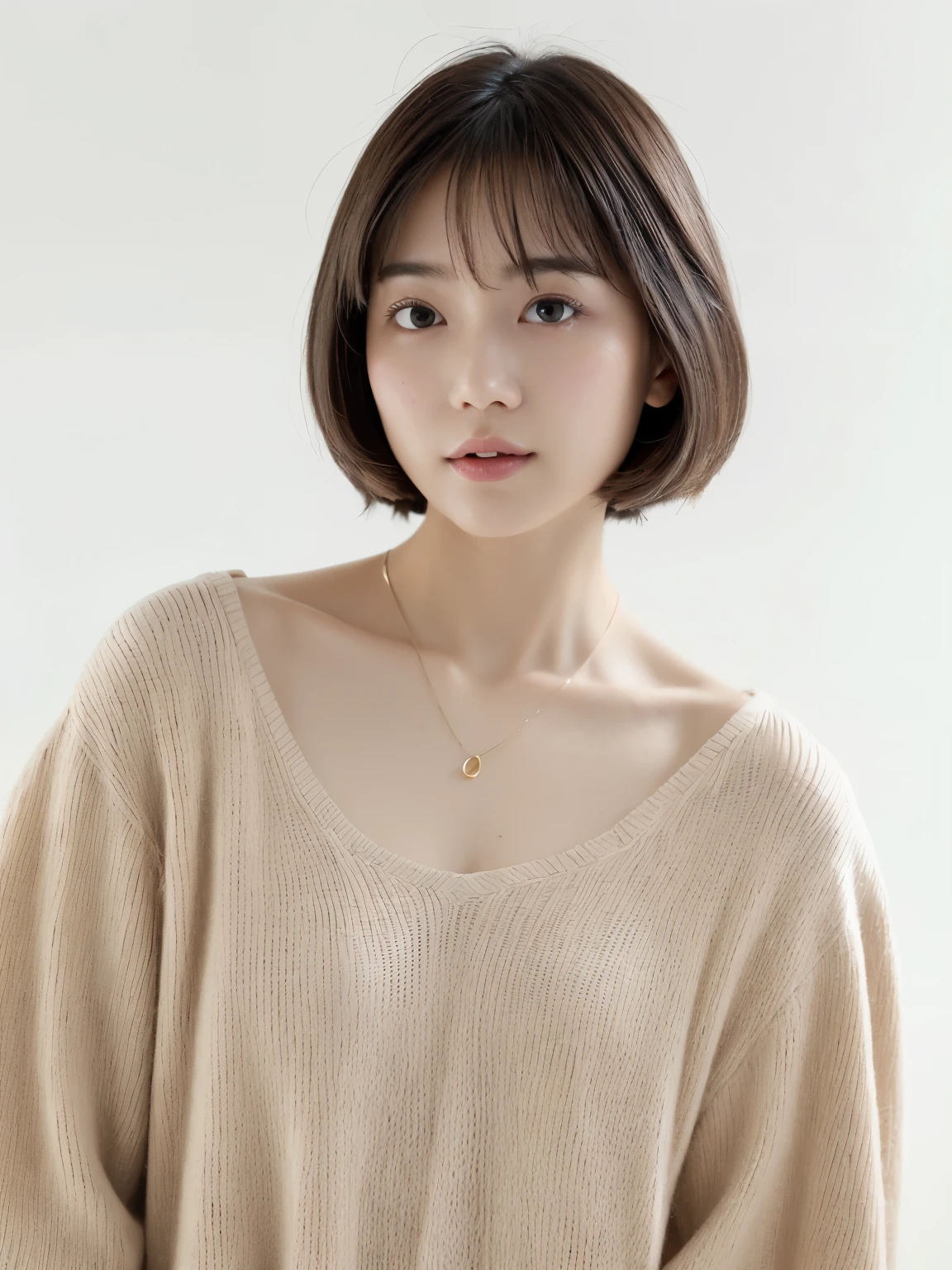 (top-quality、8K、32K、masterpiece、nffsw:1.2)、cute little female、large full breasts、very short bobbed hair、The upper part of the body、sface focus、Oversized_Sweaters、a necklace、simple background、From above、looking at the viewers、mix4、(8K、Raw photography、top-quality、masterpiece:1.2)、(realisitic、Photorealsitic:1.37)、1girl in、cute little、profetional lighting、photon maping、physically-based renderingt、Gradient Brunette Hair、short curly hair、a handsome、Girly、superior image quality、hight resolution、1080p、(Clear face)、(Detailed face description)、(Detailed hand description)、(masuter piece)、(Exquisite CG)、 extreme light and shadows、hair messy、masterpiece、lush detail、(Exquisite facial features)、(The highest image quality)、(masterpiece)、(A detailed eye)、Looking forward to your eyes、Delicate collarbones、Poses variadas、dong'don't watch the mela、profile、white walls、Taken in front of the white door、(white walls room with window)、Autumn clothes、Winter clothes、simple a necklace、light pink sweaters