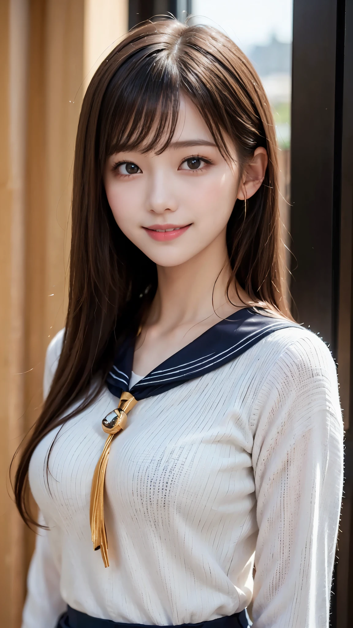 ((highest quality、masterpiece、High resolution))、(((Zoom photo of upper body)))、(A shy smile:1.2)、One -yeld fee、Beautiful Skin、Beautiful Eyes、Large Breasts、Sailor suit、Black Hair、Straight Hair、Trimmed bangs