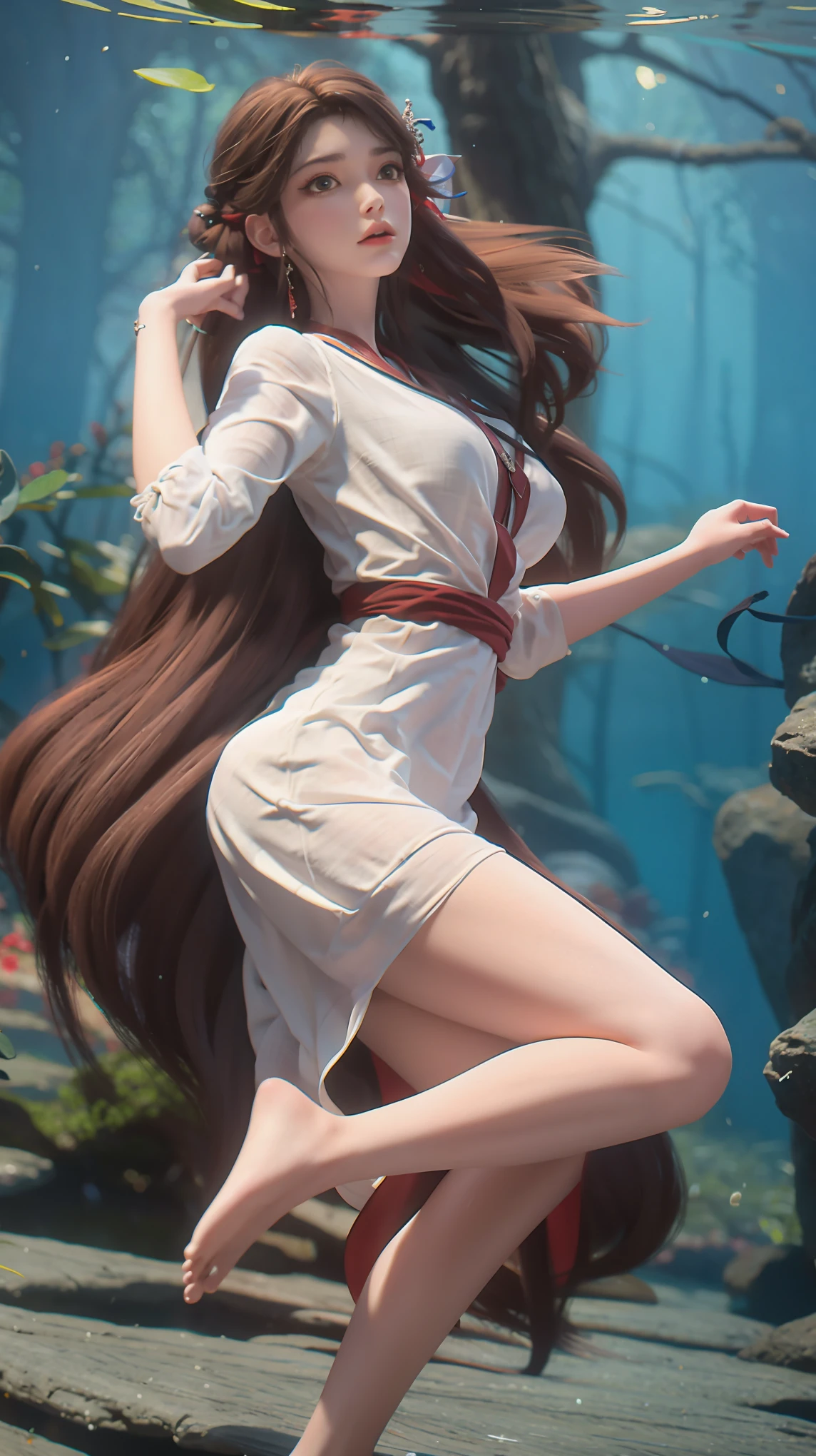 1 girl underwater, diving, exquisite face, detailed eyes, underwater, deep underwater, breaking the surface, toned slim body, hair flowing, barefoot, smooth legs, extremely detailed facial features and beautiful eyes, laying, smooth legs, lace dress, dress