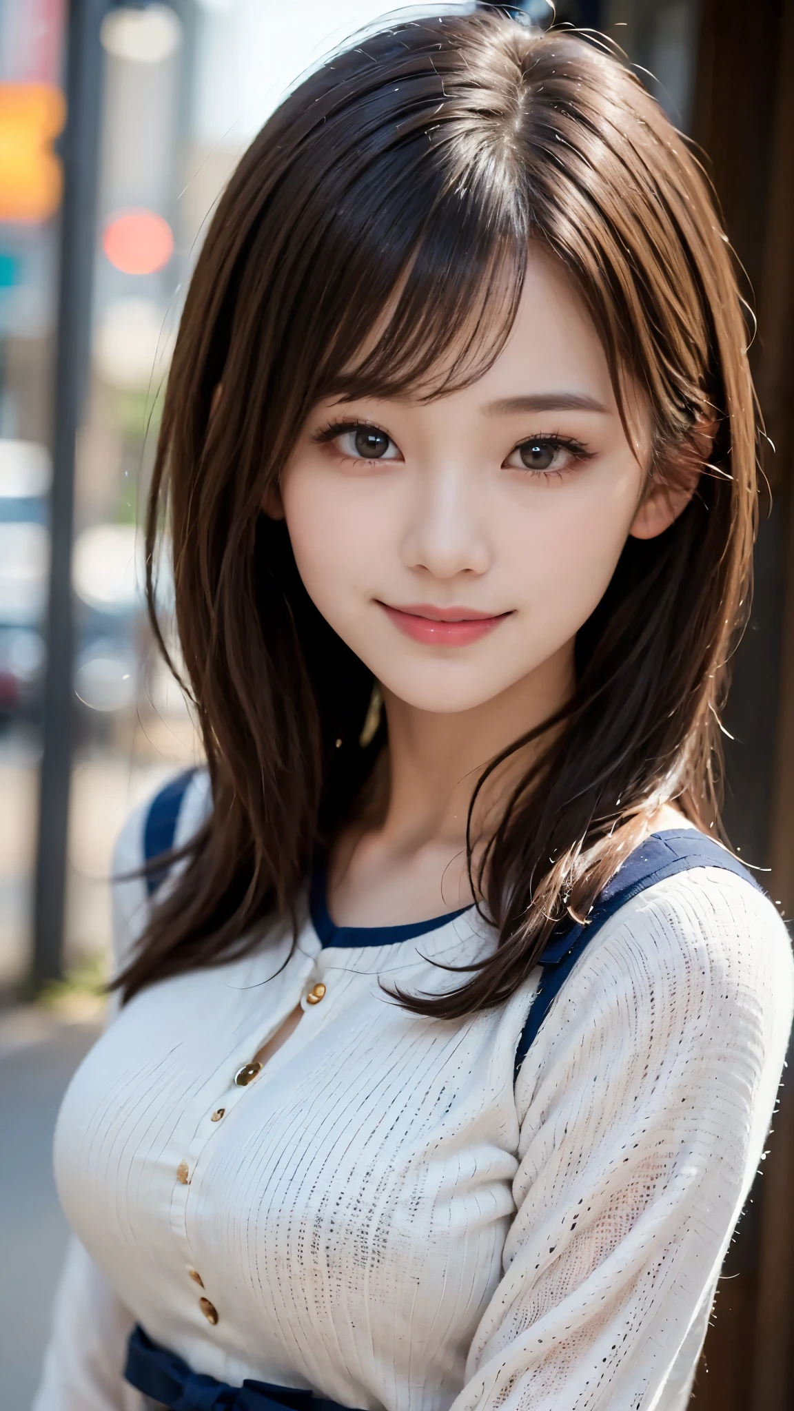 ((highest quality、masterpiece、High resolution))、(((Zoom photo of upper body)))、(A shy smile:1.2)、One 15-year-old female、Beautiful Skin、Beautiful Eyes、Large Breasts、Sailor suit、Black Hair、Straight Hair、Trimmed bangs