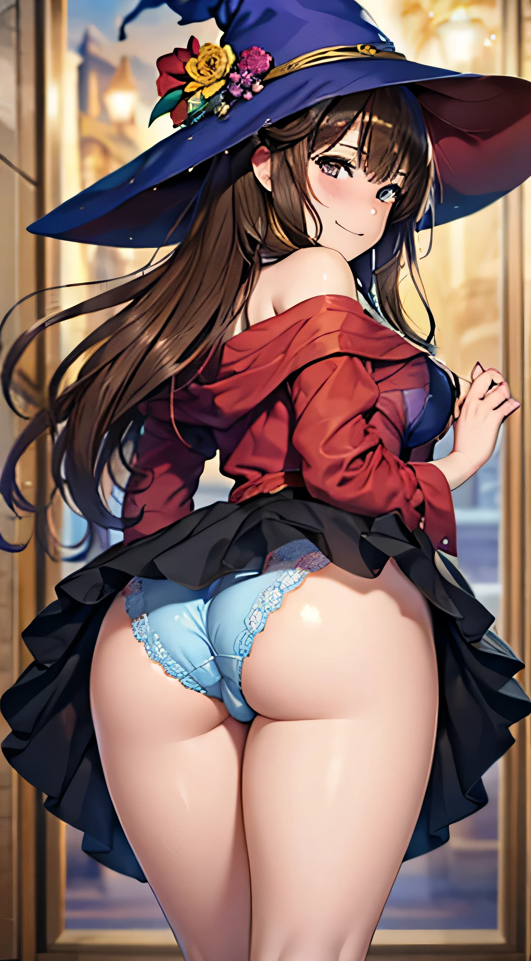 ((Tabletop, highest quality, High resolution, , Pixel Perfect, 4K, ))), Beautiful woman,, alone, beauty、The whole body is visible、 (((Sexy Witch Cosplay), Long dark blonde wavy hair、Off-the-shoulder jacket, Dark blue flared skirt、Witch Hat、Mid-wave hair, bangs, Brown Hair)), ((Brown eyes, Beautiful eyelashes, Realistic eyes)), ((Detailed face, Blushing:1.2)), ((Smooth texture:0.75, Realistic texture:0.65, Realistic:1.1, Anime CG Style)), Center of chest, Dynamic Angle, Perfect body, ((,)), 、、Very embarrassing panic smile, 、Castle Town Square、(The wind flipped up her skirt, 、Touch your crotch with both hands、、Arms crossed pose、Show me your ass、Her white and light blue floral lace panties、)、Angle from below