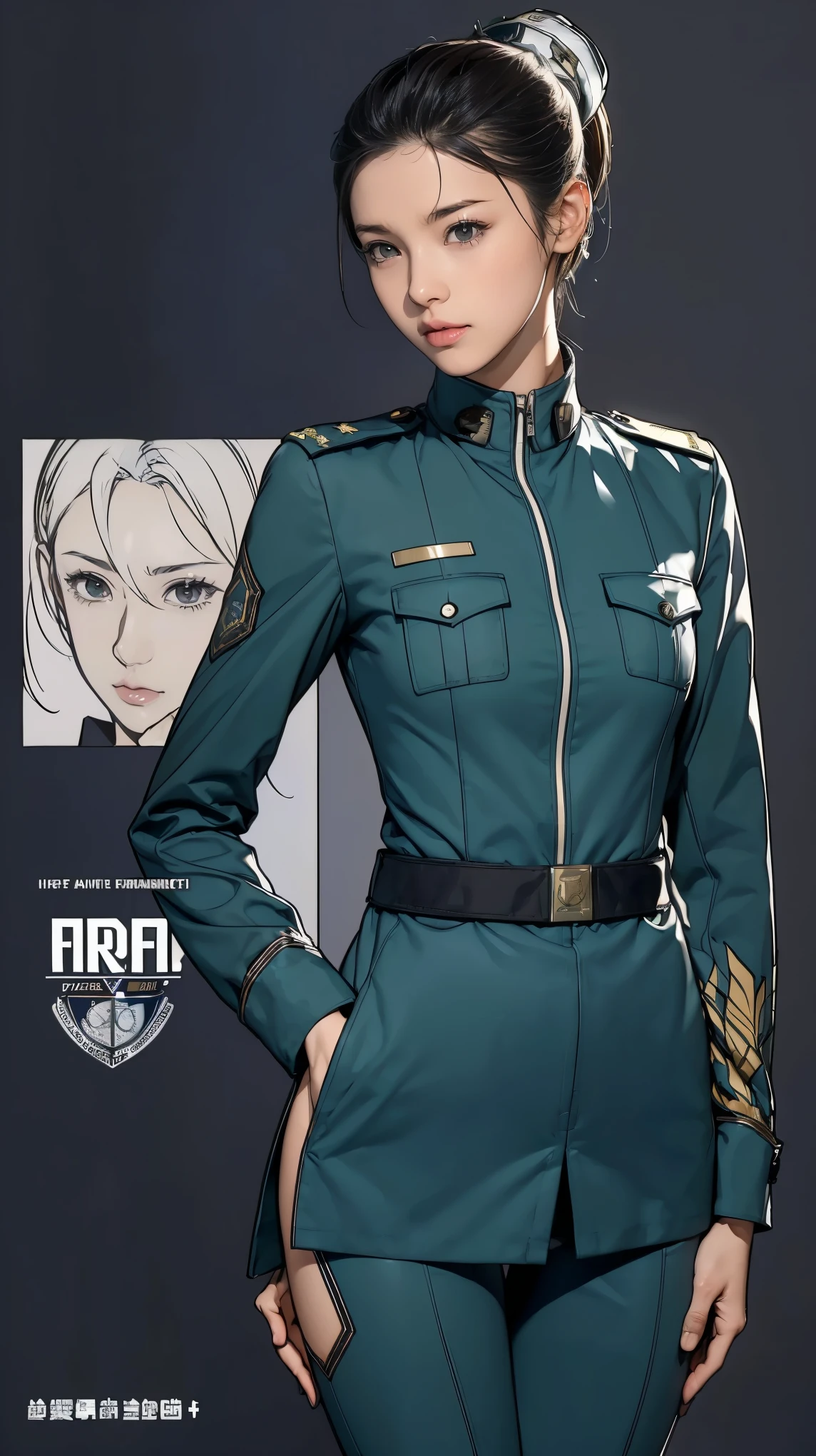 ((masterpiece)),(((highest quality))),((Reference Sheet, Character Design, front, return, ~ ~ ~ side, Mr...々Hairstyle, Mr...々performance, Facial Expressions)), 14-year-old girl, Cute type, (Very slim:1.4), (Very small ass:1.4), Realistic buttocks, Mid-chest， Blonde ponytail:1.2，Thin thighs, Long legs, It's not a big deal,(A female Earth Federation officer is walking), (Wearing Earth Federation military uniform, White and dark grey uniform),(Worn by federal government employees&#39;White Hat:1.5)