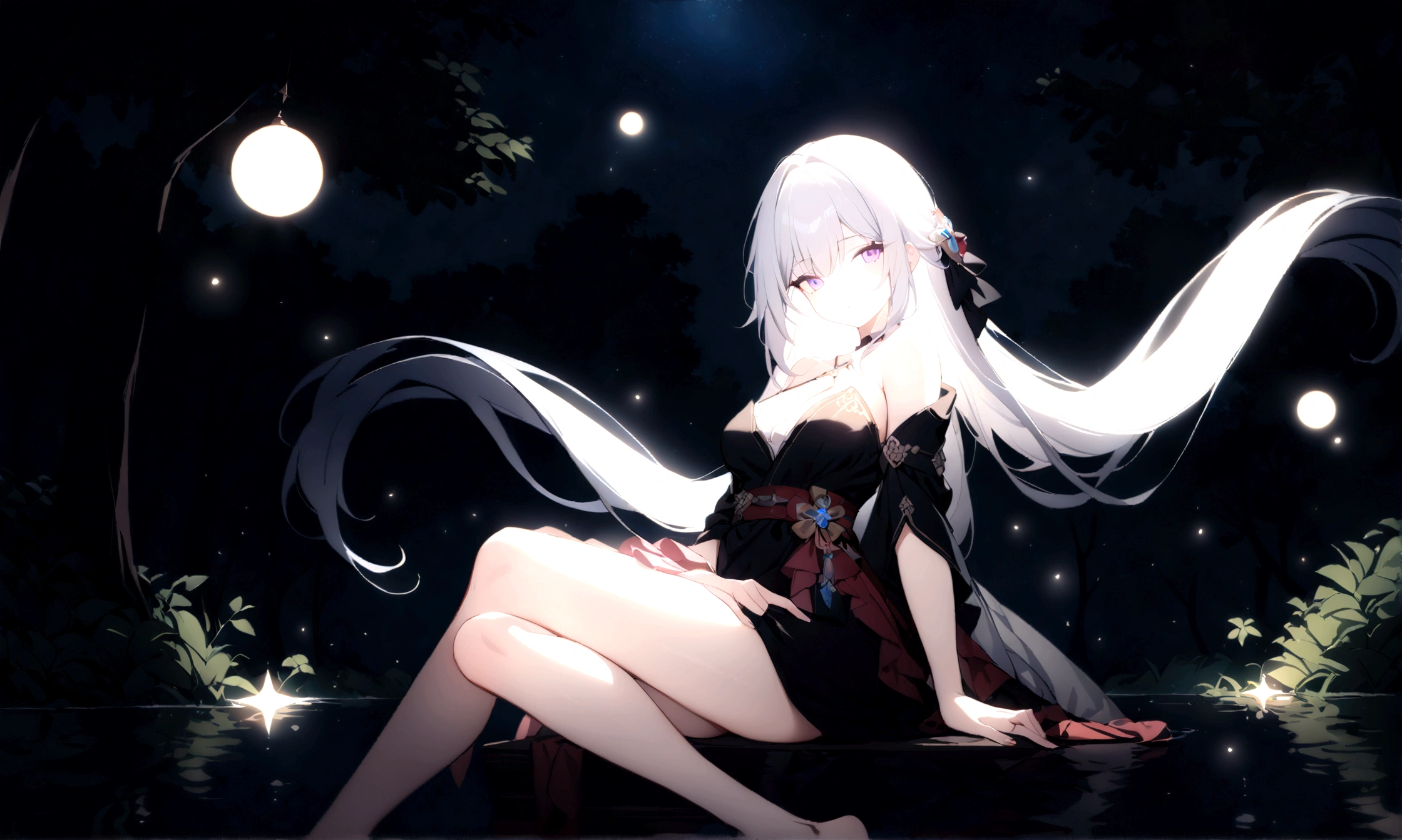 a beautiful girl, long flowing white hair, purple eyes, black yukata, (sparkle, honkai star rail) sitting on the edge of a dock by a forest lake, gazing at the viewer with enticing eyes, fireflies glowing around her in the moonlit night, (best quality,4k,8k,highres,masterpiece:1.2)