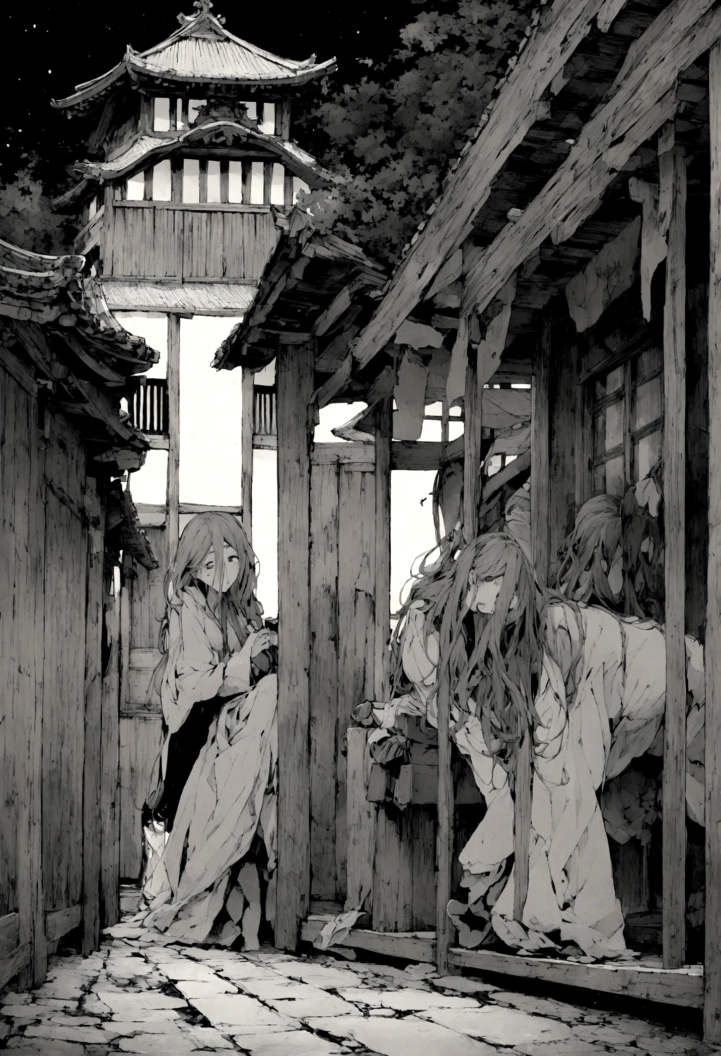 Black and white photography、Real Stick、Woman with long hair、run away、Run at full speed、scared、The background is a shrine、old buildings、night
