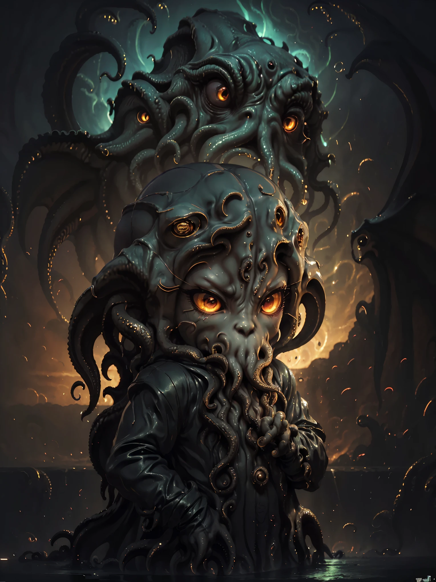 (((Chibi, Deformation:1.2, Cthulhu))), Cthulhuグラフィックアート, Cthulhuデザインボード, Cosmic Creatures, 大いなるCthulhu, Dark horror, cosmic horror, Into the Dark, Dim lighting, masterpiece:1.2,