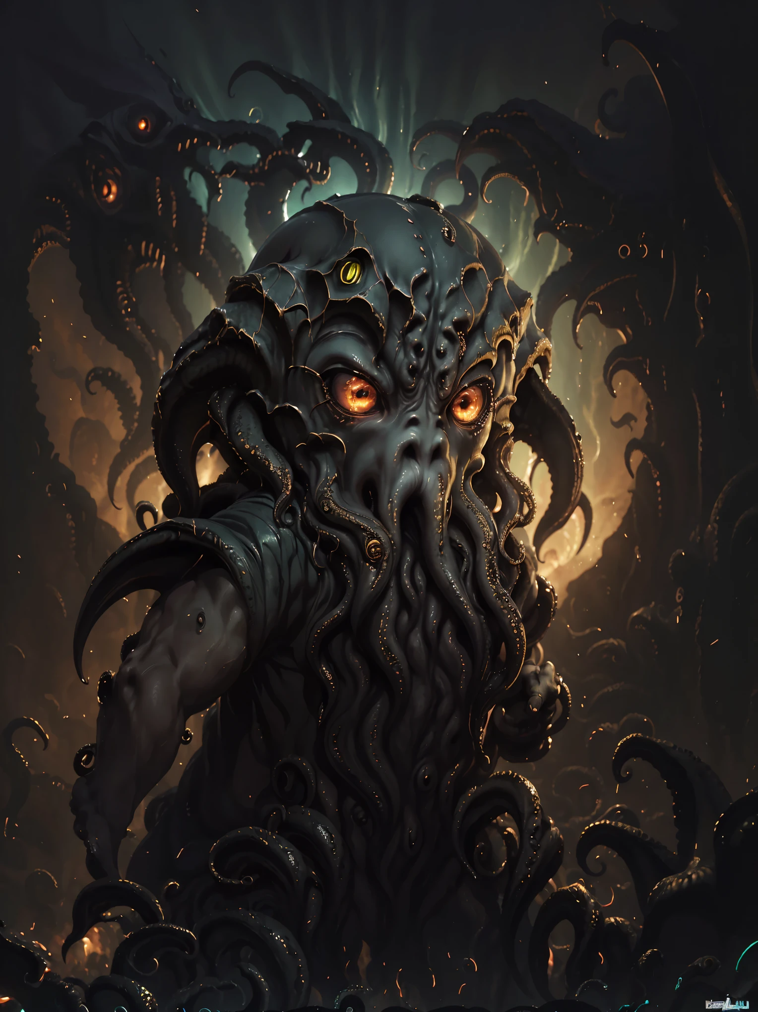 (((Chibi, Deformation:1.2, Cthulhu))), Cthulhuグラフィックアート, Cthulhuデザインボード, Cosmic Creatures, 大いなるCthulhu, Dark horror, cosmic horror, Into the Dark, Dim lighting, masterpiece:1.2,