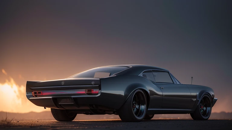 1960s luxury sedan, rear view, futuristic fantasy, epic sci-fi scene, intricate detailed design, glossy metallic body, glistening chrome accents, dramatic lighting, moody atmosphere, cinematic composition, photorealistic rendering, masterpiece, (best quality,8k,highres,masterpiece:1.2),ultra-detailed,(realistic,photorealistic,photo-realistic:1.37),cinematic lighting,dramatic shadows,volumetric fog,glowing energy field,gleaming chrome,aerodynamic body,intricate details,sleek and stylish