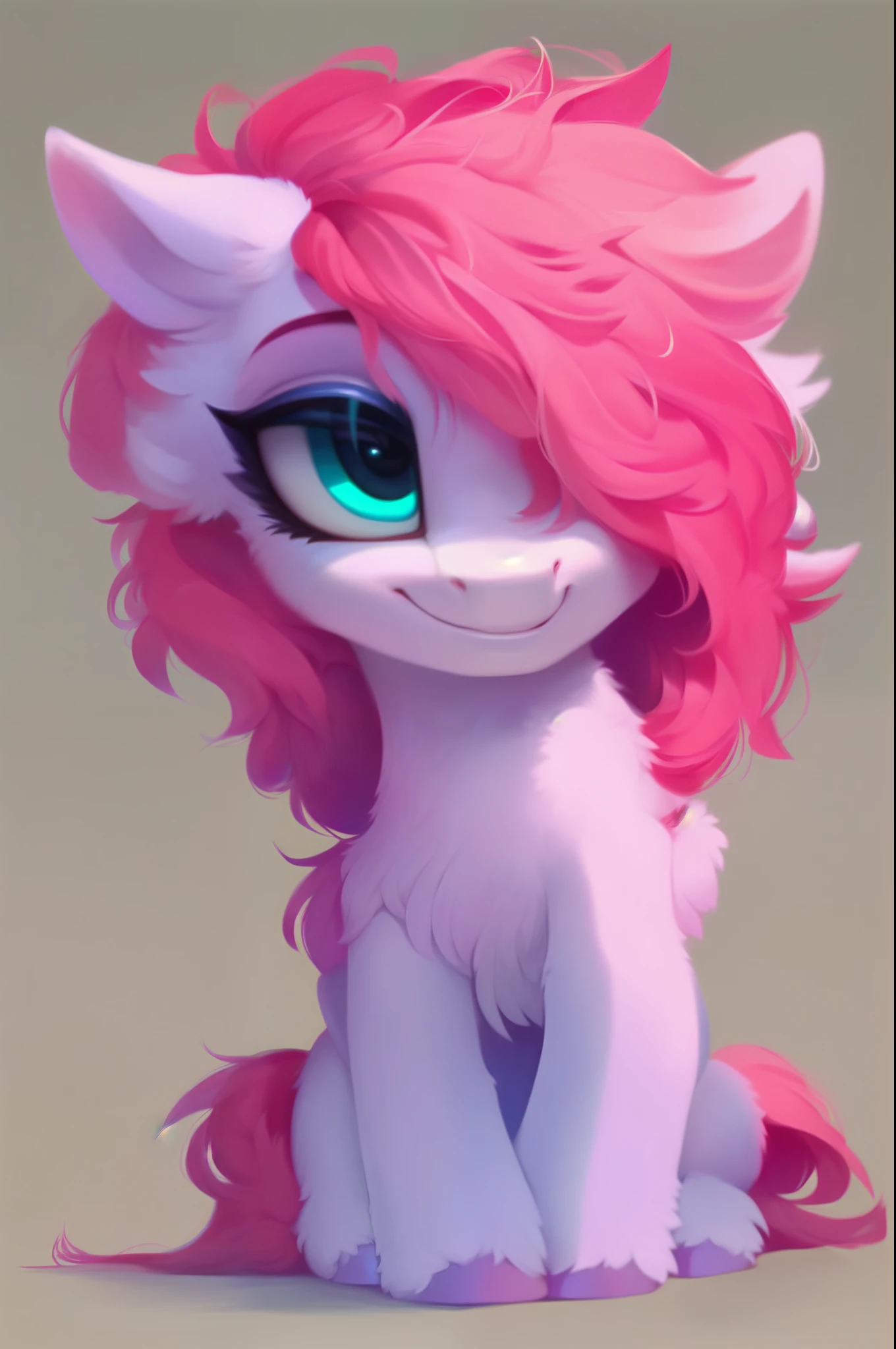 rating_safe, score_9, fluffy, feral pegasus pony, female, pink body, messy hair, hair over eye, wide smile, tired eyes, full body