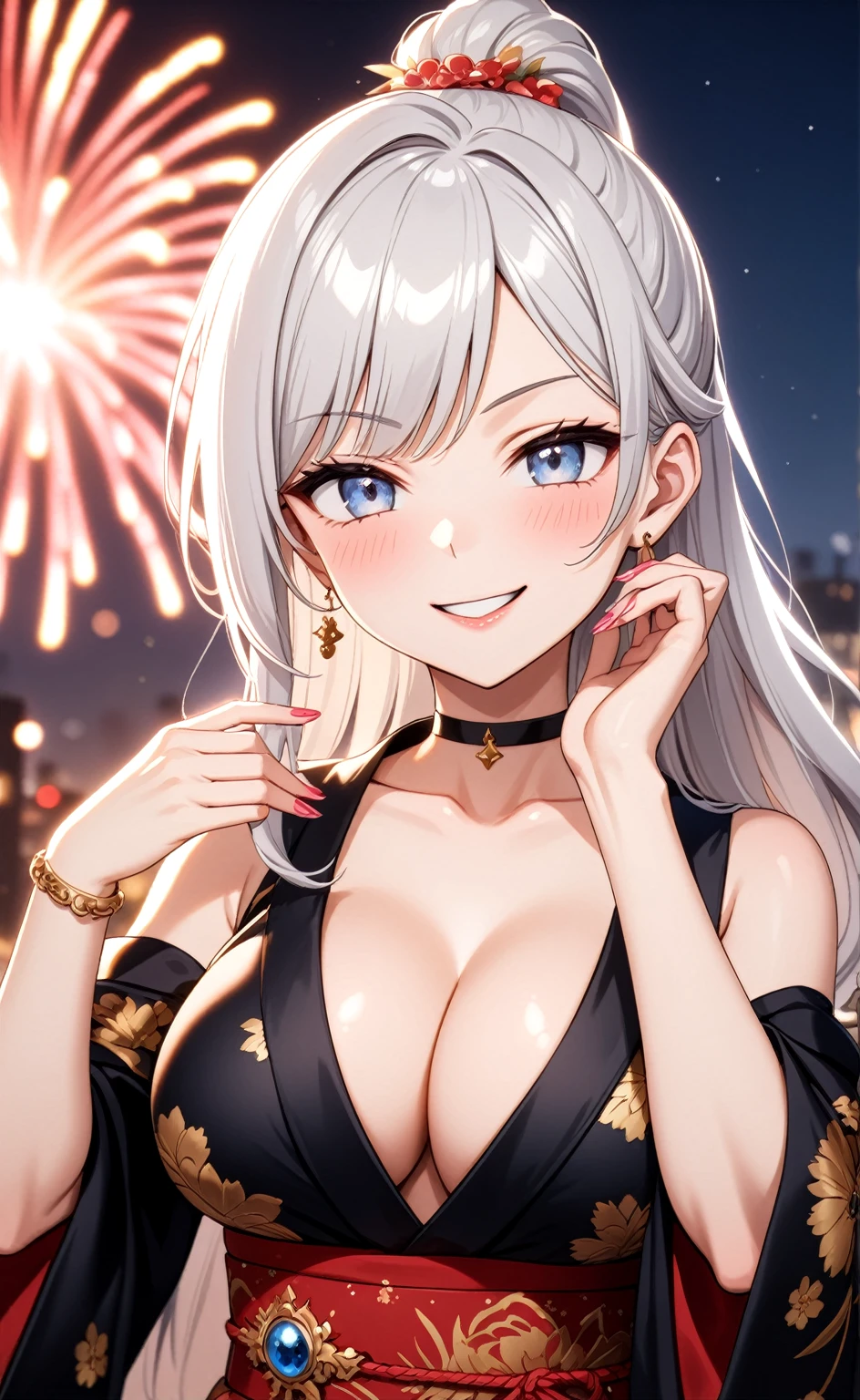 ((one personの女性)), Beautiful Face,((Wink:2.5)),(a woman in a sensual and elegant pose. She has one hand on her hip and the other touching her hair),(Bright red cheeks:1.3),Laughing with your mouth open,Glossy pink lips,Lighting on the face,night,night景が見える日本料理店,firework,((Anime style background)),masterpiece, highest quality, so beautiful, Latest, Complex details, (Pink long nails),(ring),(bracelet),(choker),AI-generated, Complex,High resolution, highest quality, super high quality,3D Images、View your viewers、3D Images,one person,Long white hair,High Ponytail,(blue eyes),Anime woman posing for a photo, ((Fine grain、Silvery white colorful eyes、Shining Eyes:1.3)),(Squint your eyes:1.1),a hyperRealistic , hyperRealistic , Realistic,Anime woman with long and white hair, Smooth anime CG art, A woman in a colorful kimono with gold embroidery, (Black kimono),Red floral pattern,Long flower hair ornament,Big earrings,Mature Body,(Big Breasts:1.1),Tall,Fine details,Abdominal muscles,Narrow waist,(Face close-up:1.5),
