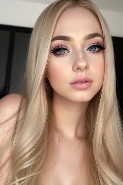 Close up of a woman with long blonde hair and pink eye makeup, Kelly Mandel, blonde hair and large eyes, sensual face,Full of makeup, portrait of kim petras, Flawless face, 18 years old, alexa grace, long blonde hair and big eyes, Extremely beautiful face, ava max, Perfect face ), Beautiful full face, Detailed perfect face