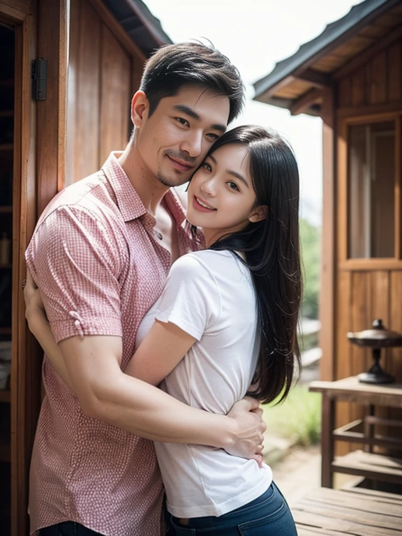 A Chinese man and a young Chinese woman, age difference, age difference, giant size, 40 year old man, kkissg có râu, muscular body, smiling face, body full of hair, hug standing, palpation of the chest, 18 year old sexy young girl, small size and skinny, long black hairstyle, face red with embarrassment, tư thế tình dục, kiss, 40 year old man, A young girl, sea, wooden hut, Detailed face, thực tế, ngực, nude, tình dục, Two-string shirt, small areola