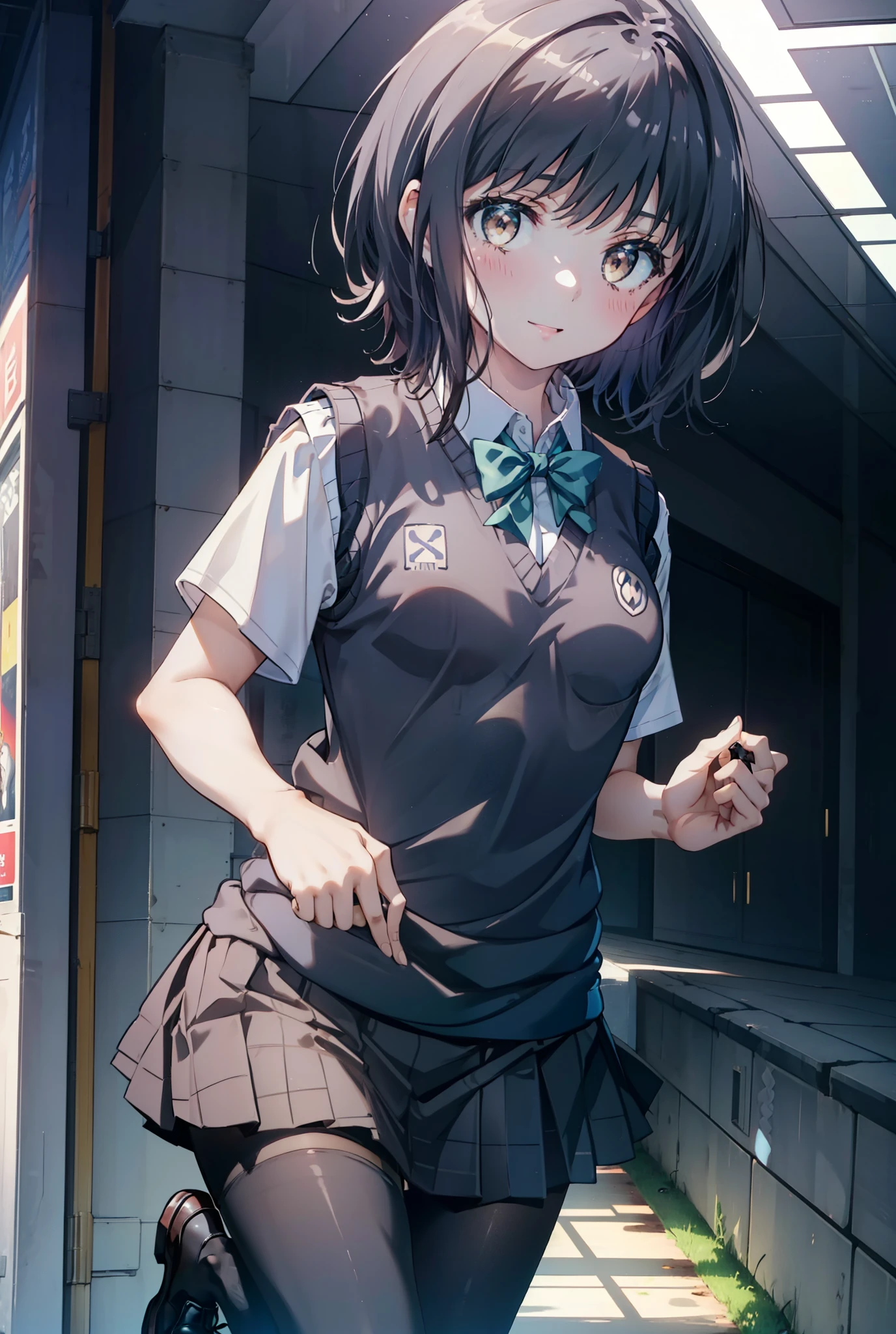 masterpiece, highest quality, Confused, Perfect Anatomy, 1 girl, alone, Itsuwa,short hair,Black Hair,Brown eyes,smile,blush,Open your mouth,Happy atmosphere,break skirt, shirt, bow, ribbon, , white shirt, Short sleeve, Pleated skirt, collared shirt, mini skirt, bowtie, 黒いloafers , Black Skirt, Black pantyhose, loafers, green bow, whole bodyがイラストに入るように, (blue sweater vest:1.5),evening,Sunset,The sun is setting,walking,break outdoors, Building district,
break looking at viewer, whole body,
break (masterpiece:1.2), highest quality, High resolution, unity 8k wallpaper, (figure:0.8), (Beautiful fine details:1.6), Highly detailed face, Perfect lighting, Highly detailed CG, (Perfect hands, Perfect Anatomy),