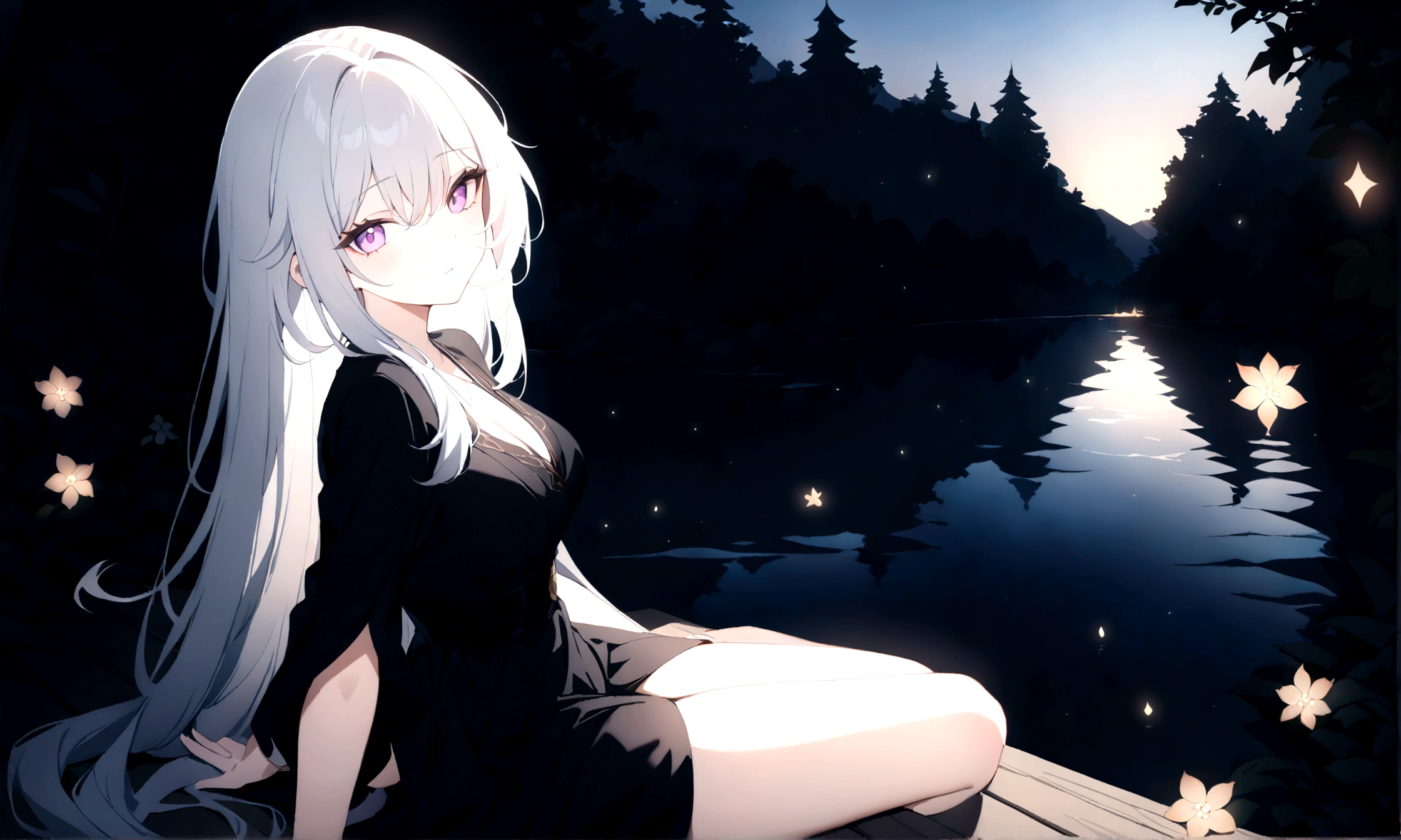 a beautiful girl, long flowing white hair, purple eyes, black yukata, (sparkle, honkai star rail) sitting on the edge of a dock by a forest lake, gazing at the viewer with enticing eyes, fireflies starts glowing around her in the dusk, (best quality,4k,8k,highres,masterpiece:1.2)