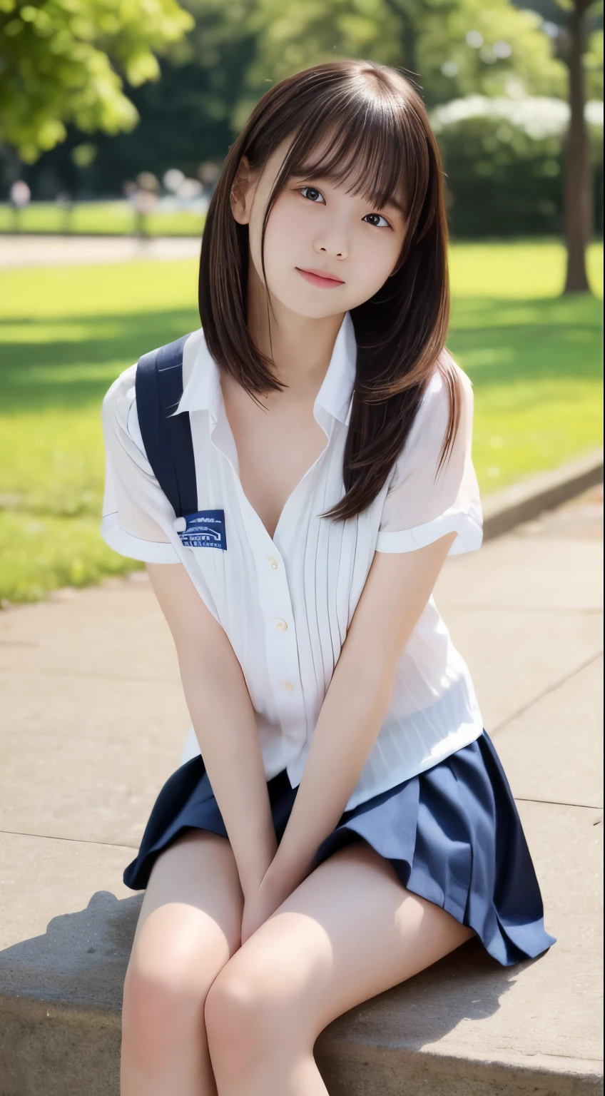 Photo quality,Masterpiece,Realistic,( cute Japanese girl:1.9),(Detailed young face:1.9),(Very embarrassed look:1.9),(Thin legs:1.9),(Sit with legs apart,Camisole and short pleated skirt:1.9),(Posing to seduce men in the park,Inner thigh visible:1.9),((Droopy eyes:1.9)),((Body type of a 12 year old Tits:1.9)),(Cute school girl hairstyle:1.9),((Skinny Legs)),Very pale skin,Show your forehead,Detailed body,Detailed hands,No makeup
