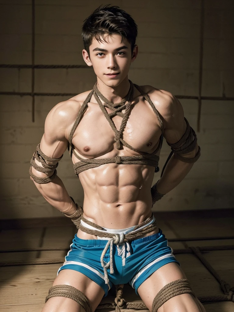  (((18 year old shirtless, very skinny twink))), fair hair, handsome face, smile (((wearing gym shorts))) biceps flexed, kneeling, ((((Trussed up completely with rope)))), ((((very tight rope crossed over chest)))),(((body in tight shibari ropes))) sweating, wet skin, in a dungeon with candles and a fireplace 
