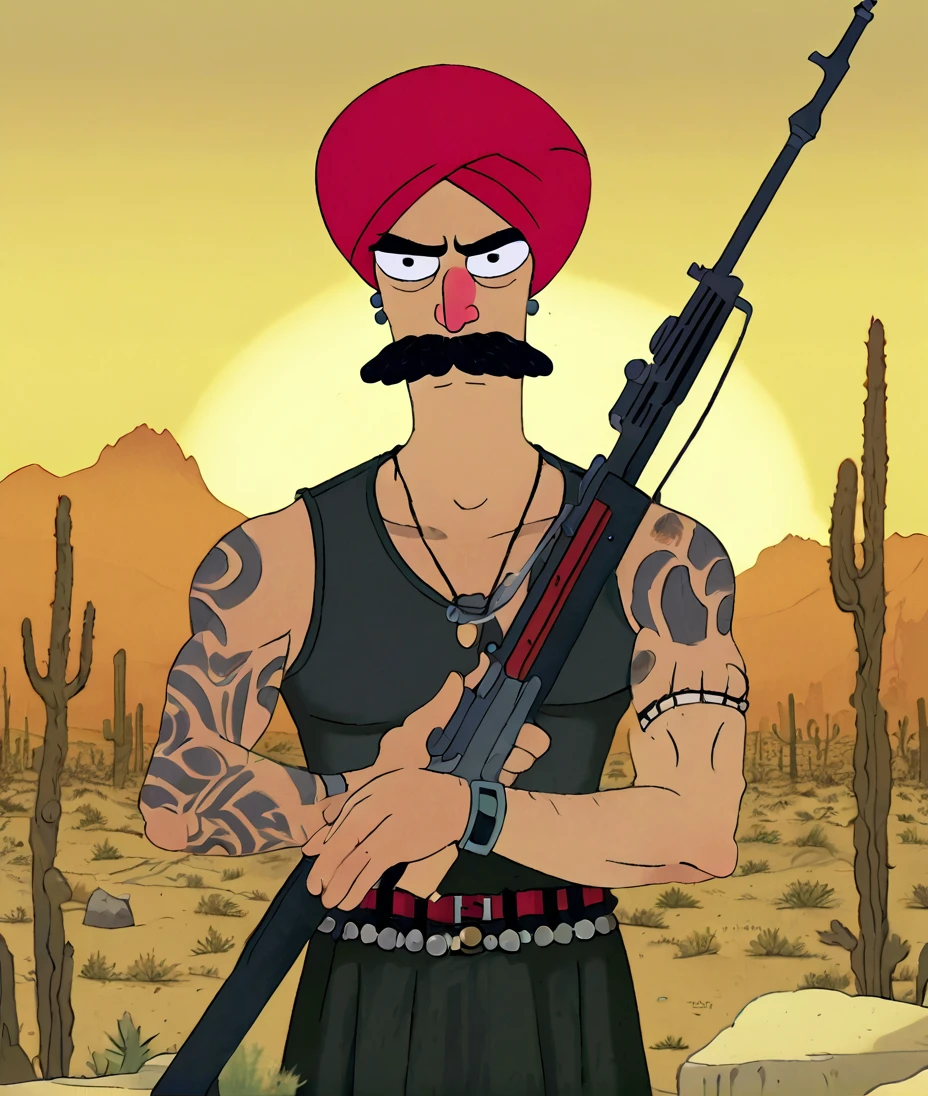 1men, Red Turban Hat, Black Longer Mustache, Red Laced Corset, Piercing on Nose, Large Muscle, Angry and Lazy, looking at viewer, holding Sniper Rifles, Graveyard at Desert, Style of Futurama 