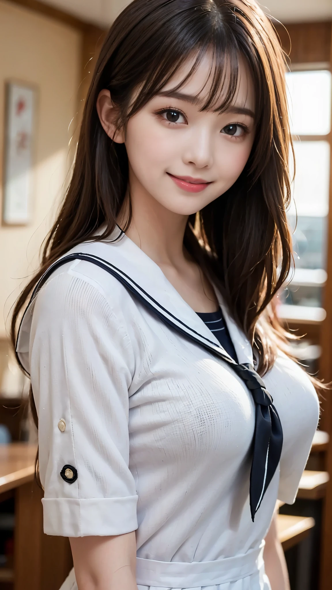 ((Sailor suit、highest quality、Masterpiece、High resolution))、(((Zoom photo of upper body)))、(A shy smile:1.2)、One -yeld fee、Beautiful Skin、Beautiful Eyes、Large Breasts、Black Hair、Straight Hair、Trimmed bangs