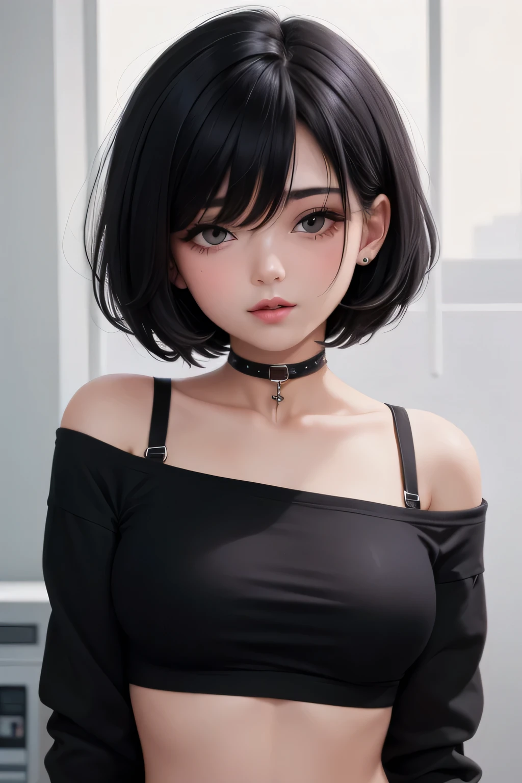 Amazing portrait of a cute goth woman with her short black hair in a bob hairstyle and she's wearing heavy eyeliner around her eyes and she's gazing at you seductively she wears an off shoulder t shirt that is orange and black with black bra straps 