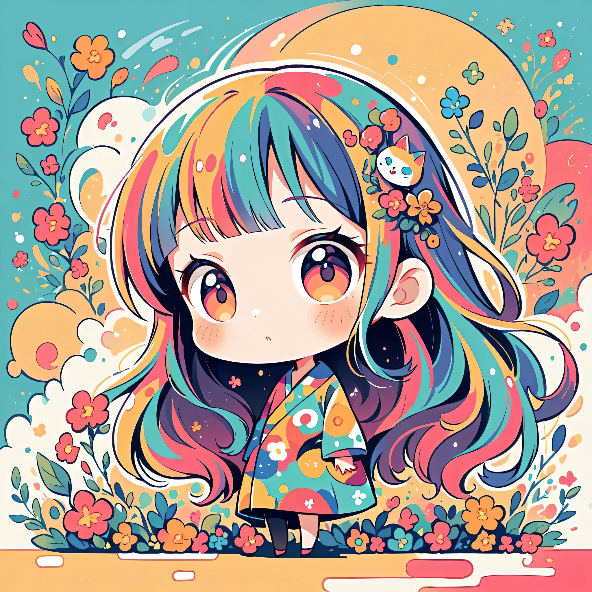 Watase Seizo style, Standing in front of a high wall，Simple Line Initialism，Abstract art，Urban Background, (((The most beautiful girl))), (((chibi))), colorful flowers