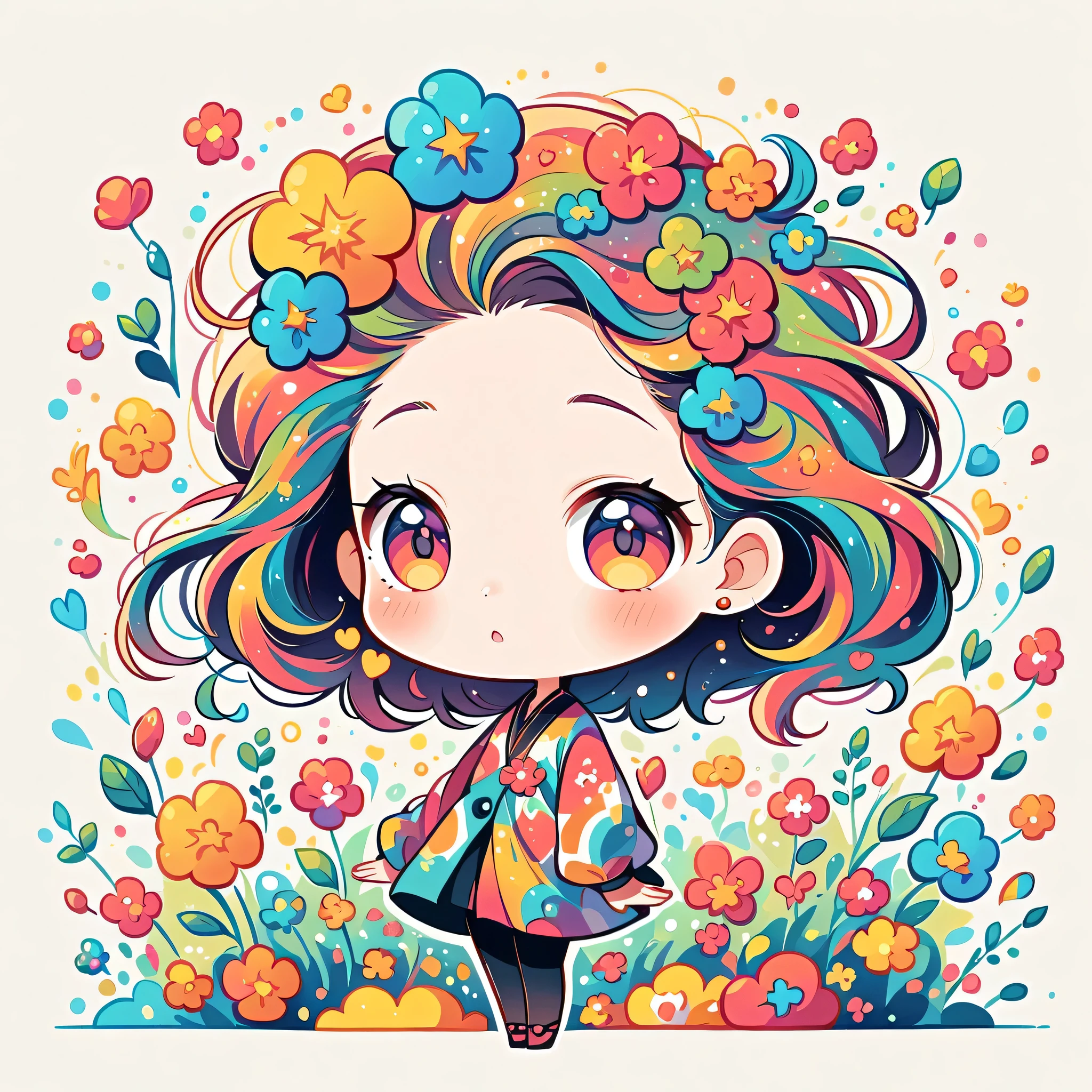 Watase Seizo style, Standing in front of a high wall,Simple Line Initialism,Abstract art,Urban Background, (((The most beautiful girl))), (((chibi))), colorful flowers