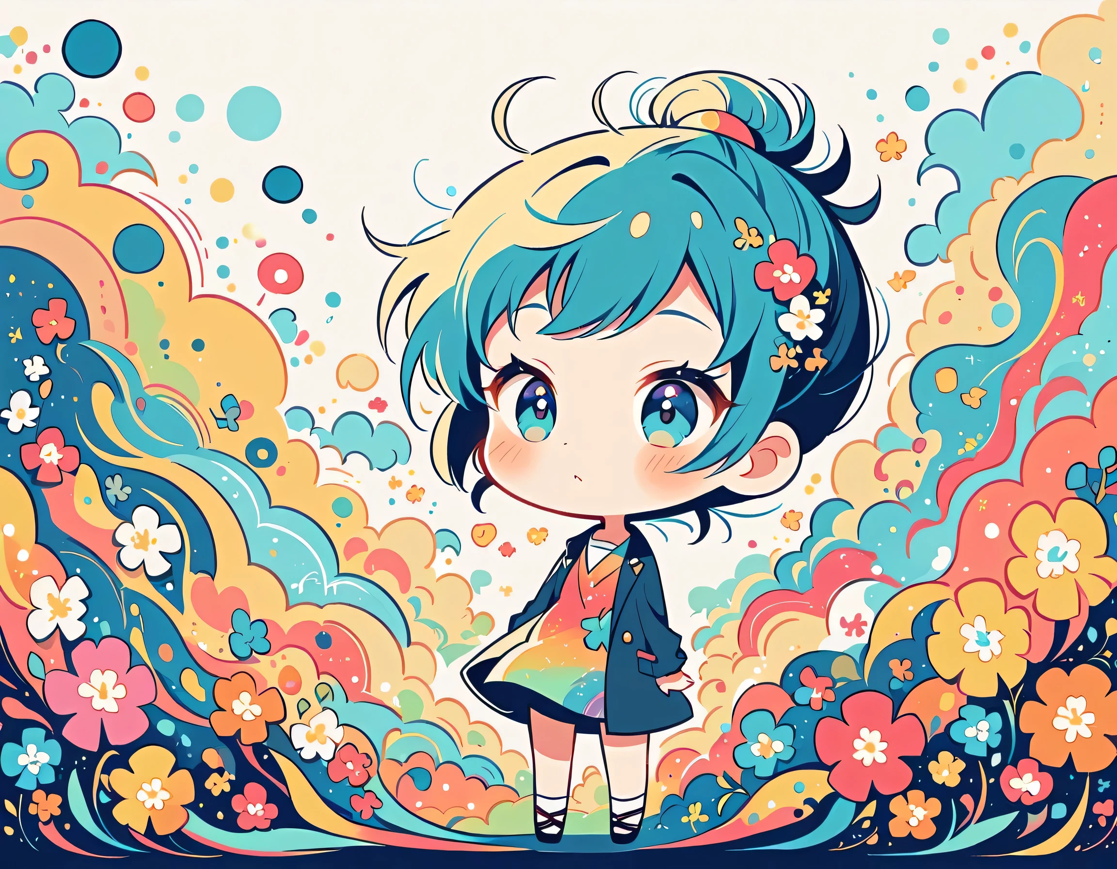 Watase Seizo style, Standing in front of a high wall，Simple Line Initialism，Abstract art，Urban Background, (((The most beautiful girl))), (((chibi))), colorful flowers