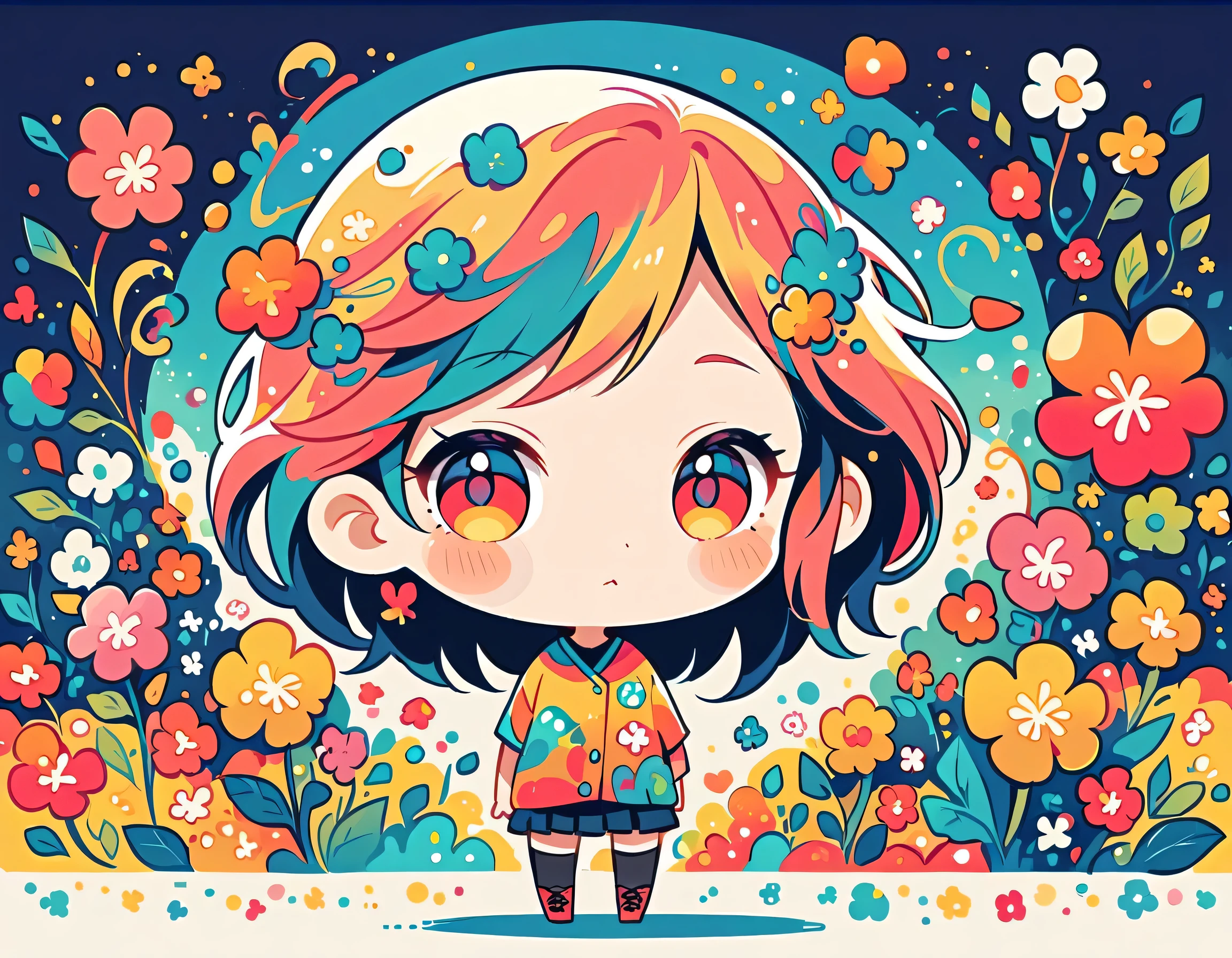 Watase Seizo style, Standing in front of a high wall,Simple Line Initialism,Abstract art,Urban Background, (((The most beautiful girl))), (((chibi))), colorful flowers