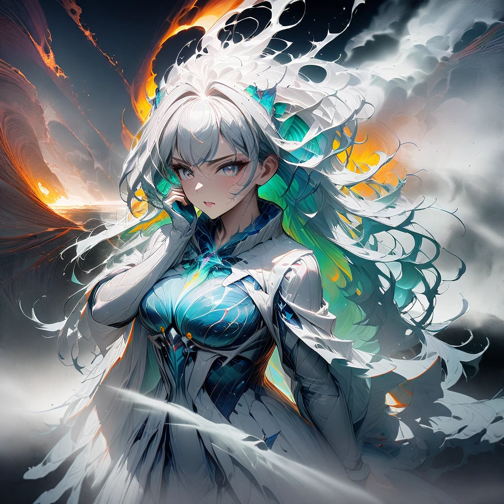 1girl, bioluminescent, iconic fight stance, over make up, shiny face, attractive, hand_on cheek, astral vignette, long hair, swirl_up hair, provocative pose, right views, multicolor hair, fog wrapped around, epicRealism, UHD, 8k, super detailed
