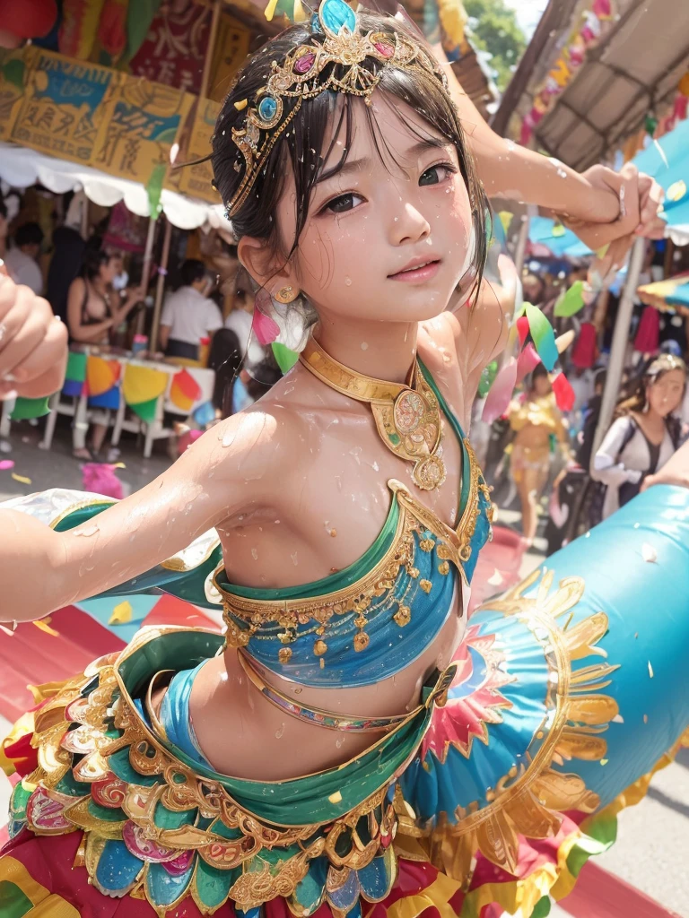 (best quality:1.2), masterpiece, Realistic, Ultra-high resolution, ((a beautiful Japanese idol 12 years old woman:1.2)), (Gaunt:1.3), (((Very flat chest:1.4))), ((Baby Face)), (show me your armpit:1.2), (sweaty armpit:1.3), ((Armpits are wet and shiny with sweat)), She has skin that sweats easily Soaking wet, Sweaty, I can see my pores, (topless:1.2), (wearing samba costumes:1.2), (dancing parade:1.3), (energetic music:1.2), (confetti-filled streets, lively atmosphere:1.2), (decorative floats:1.1), (bustling market stalls:1.2), (delicious street food:1.1)