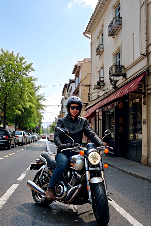 Image of motor bike in front of a beautiful cafe with road in front it where the point of view is from the front