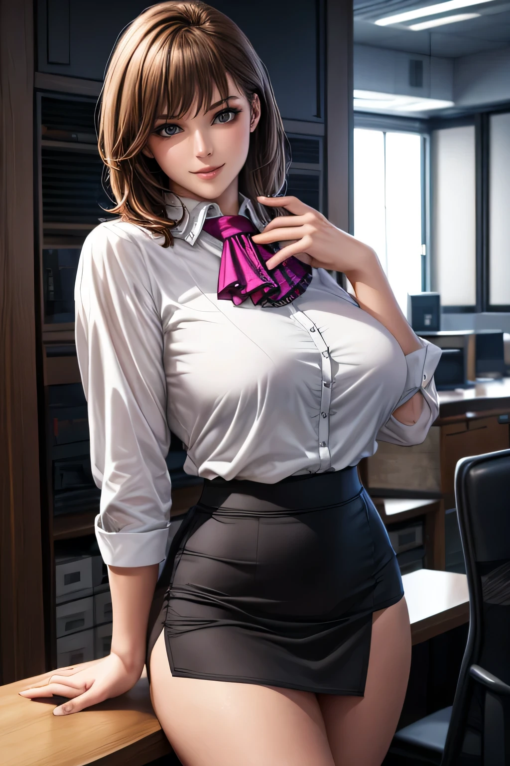 (masterpiece:1.2, highest quality), (Realistic, photoRealistic:1.4), (Natural Side Lighting, Cinema Lighting),
Looking at the audience, 1 female, (alone), (Big Breasts), Japanese, Perfect Face, Perfect body, Shiny skin,
((Medium Hair:1.4, Light brown hair)), Captivating thighs,
Beautiful Hair, Beautiful Face, Beautiful Eyes, Beautiful clavicle, Beautiful body, Beautiful breasts, Beautiful thighs, Beautiful feet, Beautiful fingers,
(((Ascot Shirt:1.3), Black tight skirt)),
(Beautiful views), evening, (office), Are standing, (smile, wonderful),