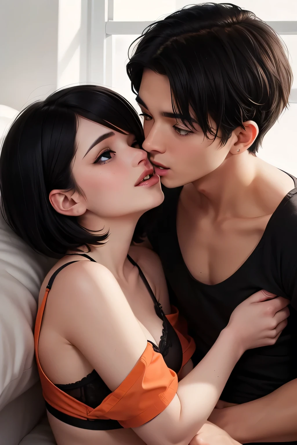 Amazing portrait of a cute goth woman with her short black hair in a bob hairstyle with heavy eyeliner around her eyes wearing an off shoulder t shirt that is orange and black with black bra straps kissing and making out passionately with a shirtless boy on the bed in an intimate setting