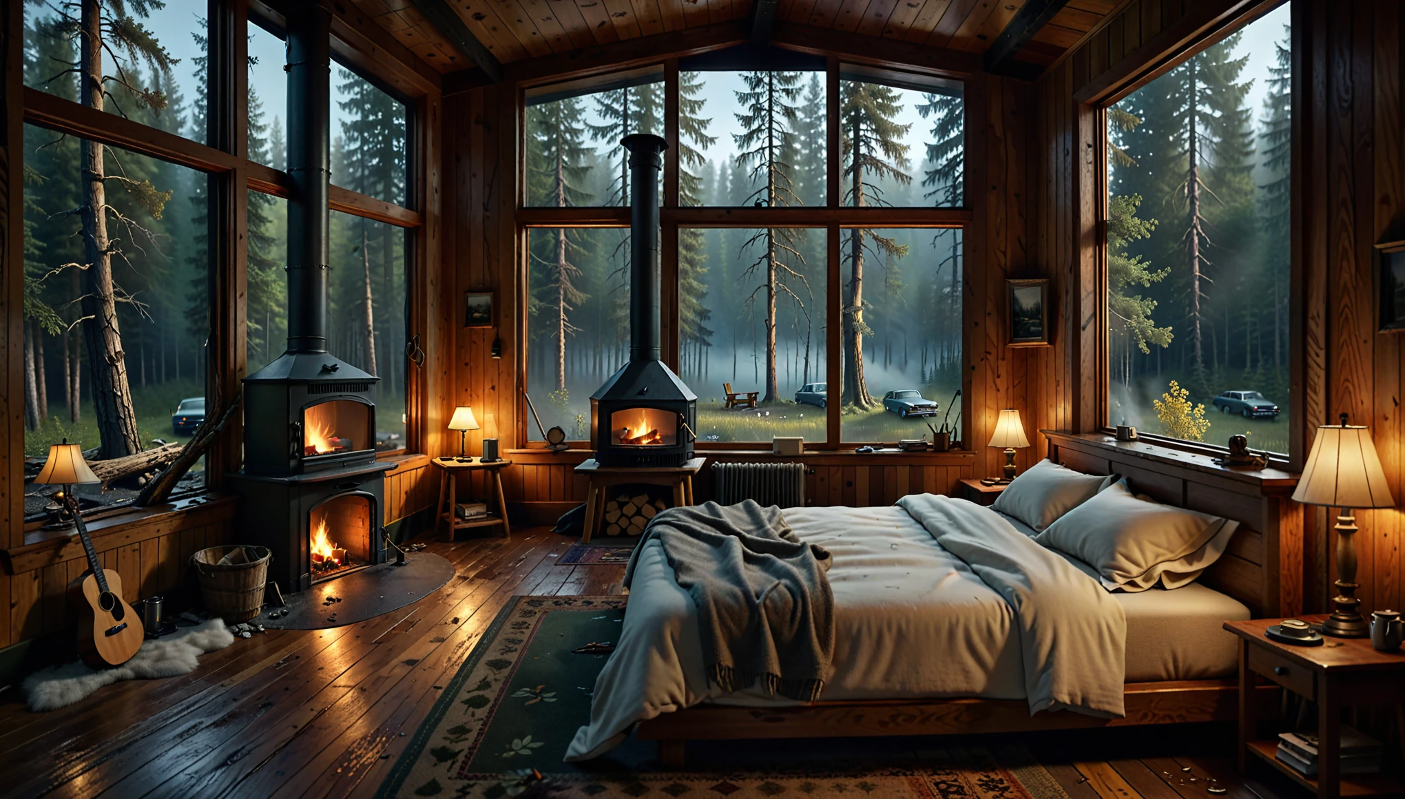 There is a bed in the room,There is a fireplace in the corner, 受 Gregory Crewdson 启发的Surrealism, Unsplash Contest Winners, Surrealism, Photorealistic rendering with Unreal Engine, Cozy tree house bedroom, The forest can be seen through the large windows at night, In the bedroom, Rainy Days Indoors, Inside the cabin, Comfortable room, Bedroom lights dim, cozy place