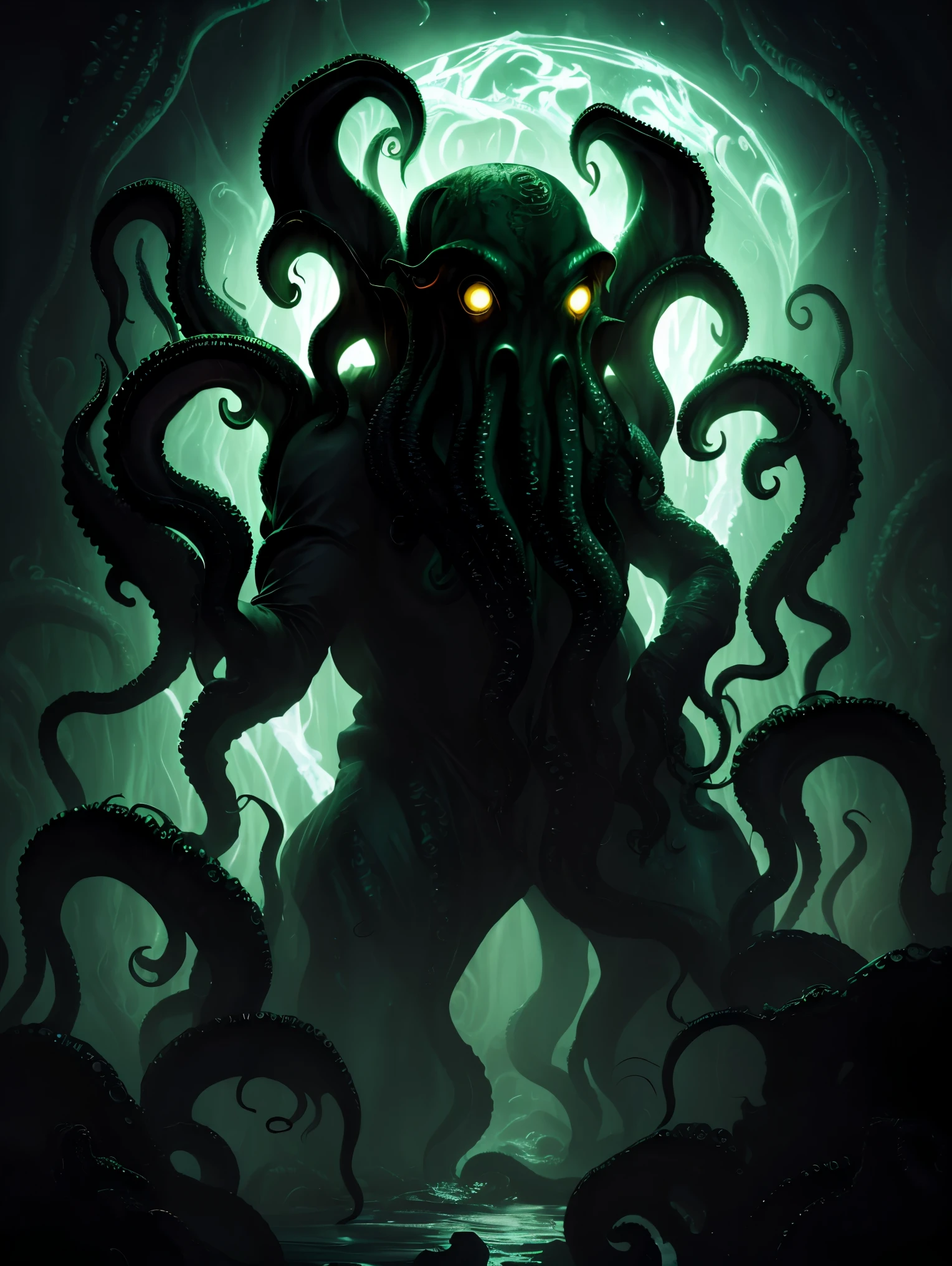 (((Cthulhu))), Cthulhuグラフィックアート, Cthulhuデザインボード, Cosmic Creatures, 大いなるCthulhu, Dark horror, cosmic horror, Into the Dark, Dim lighting, masterpiece:1.2,