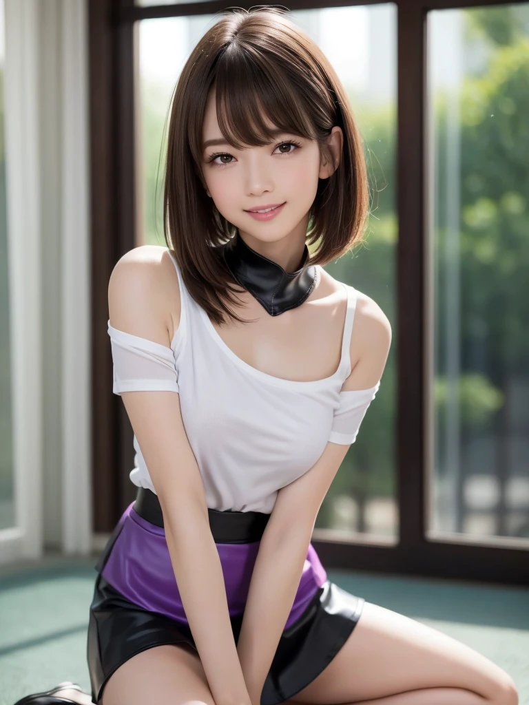 (8k, RAW Photos, highest quality, Tabletop:1.2), (Realistic, Photorealistic:1.4), (Highly detailed 8k wallpaper), Sharp focus, Depth of written boundary, Blur the background, Bokeh, Cinema Lighting, Soft Light, whole body, 1 girl,18 years old famous Japanese idol, Perfect female body, indoor, (Purple T-shirt and black leather micro mini skirt : 1.3), (Long, slender legs), (smile), Glossy lips, Beautiful fine details,Natural Makeup, Shiny and smooth light brown short bob hair, Asymmetrical bangs, Shiny skin, Center image, High resolution, Attention to detail, Detailed hairstyle, Detailed face, 素晴らしいCinema Lighting, Octane Rendering, Vibrant, Ultra-realistic, Perfect limbs, Perfect Anatomy